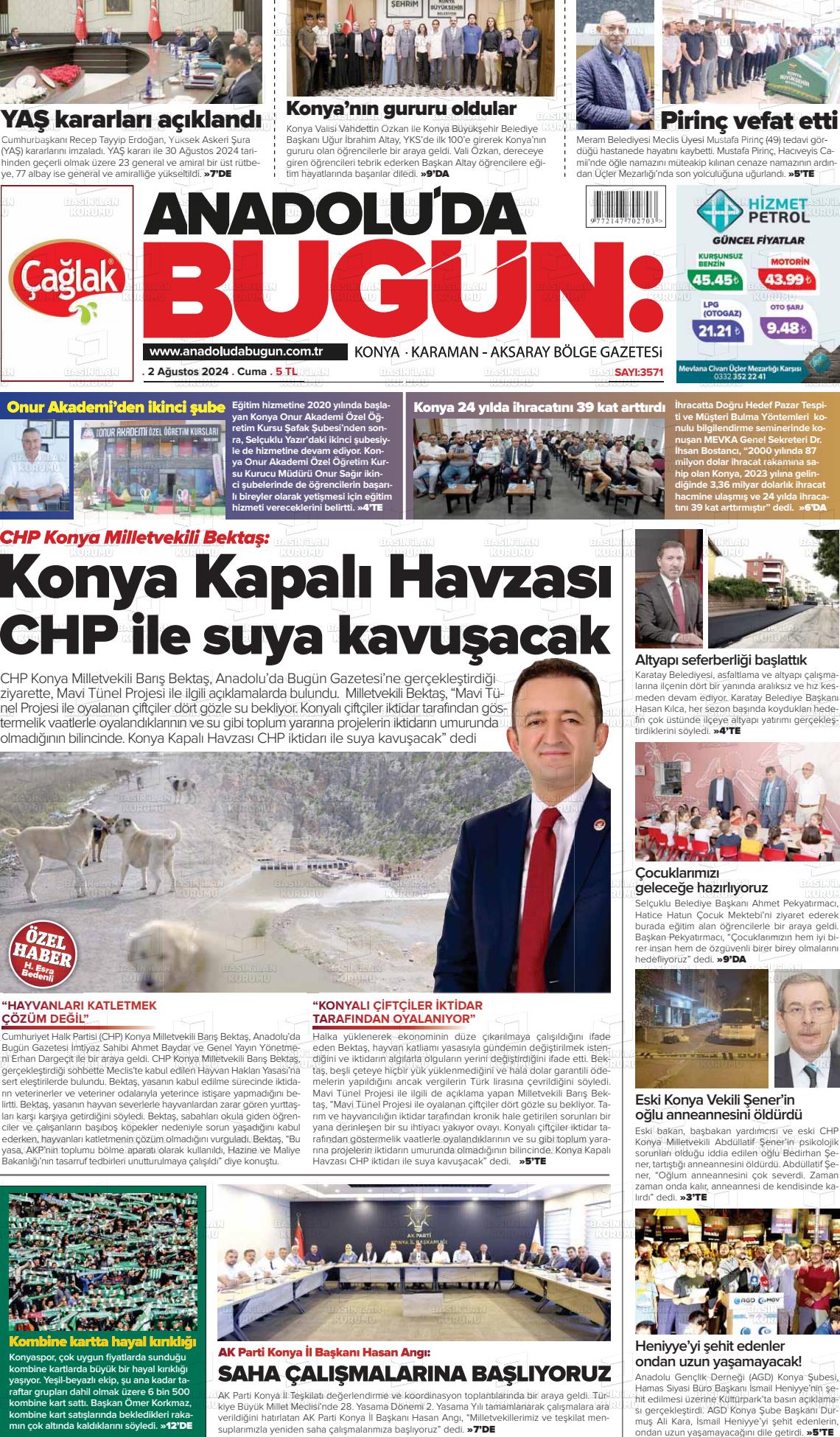 02 Ağustos 2024 Anadolu'da Bugün Gazete Manşeti