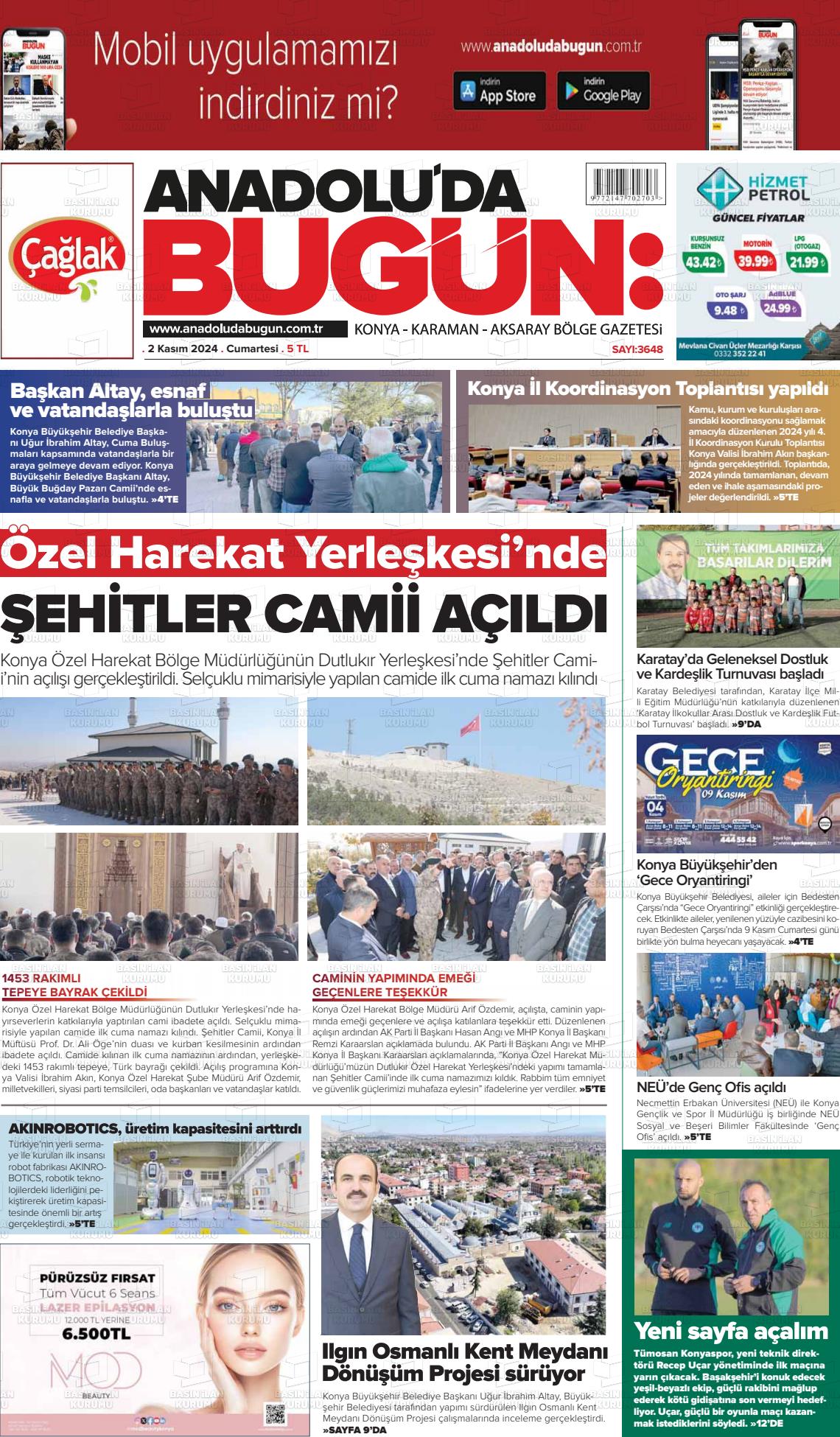 02 Kasım 2024 Anadolu'da Bugün Gazete Manşeti