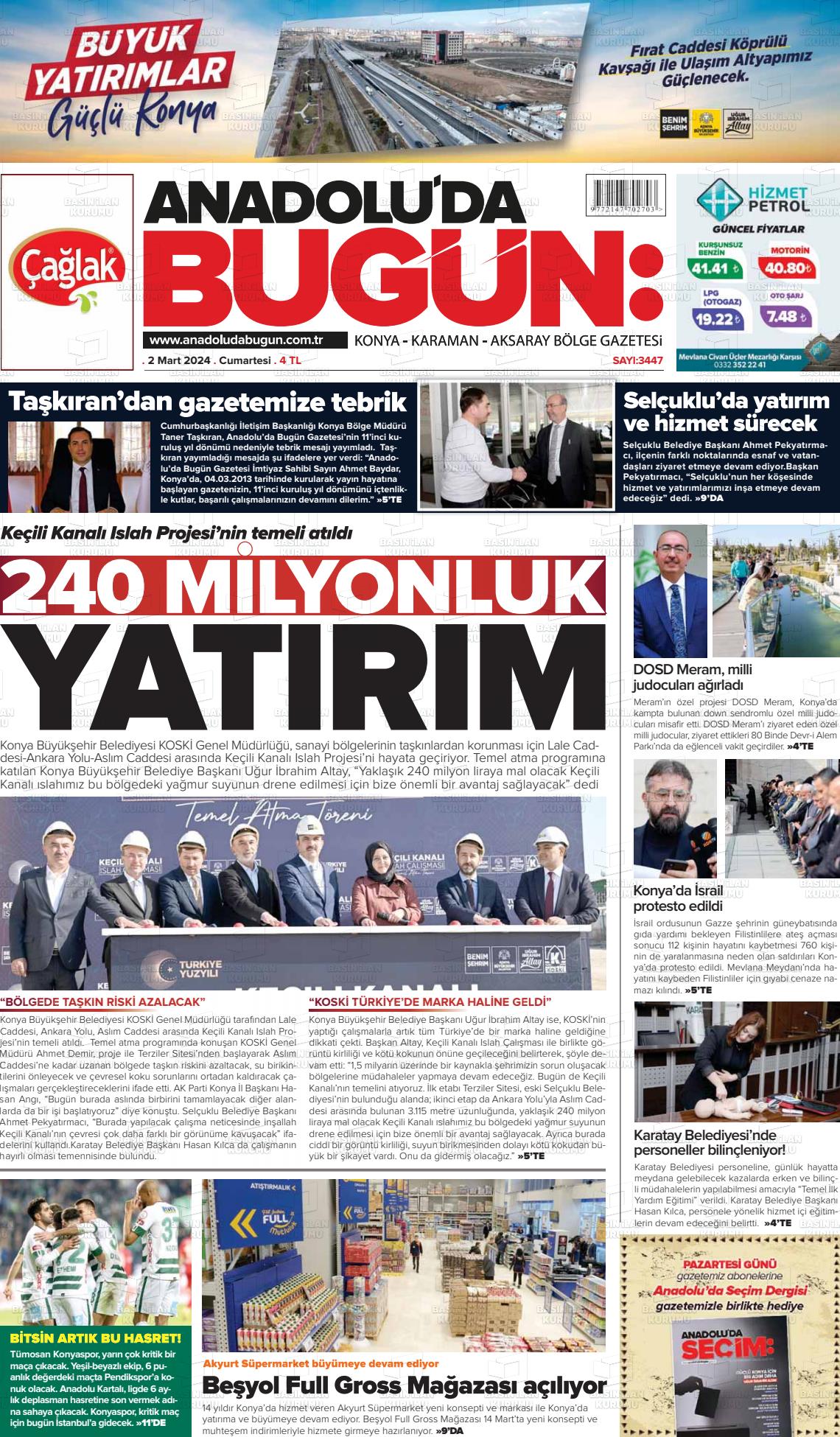 02 Mart 2024 Anadolu'da Bugün Gazete Manşeti