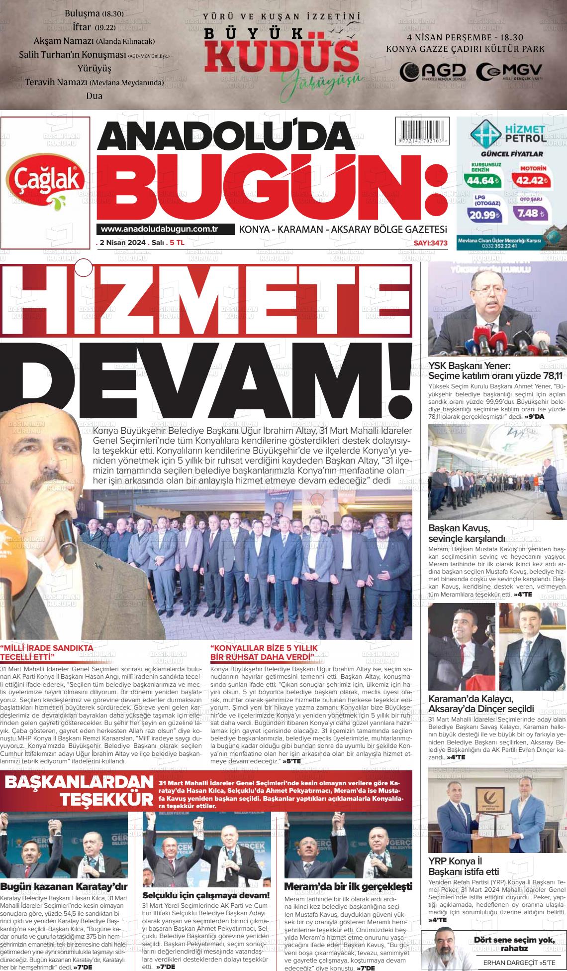 02 Nisan 2024 Anadolu'da Bugün Gazete Manşeti