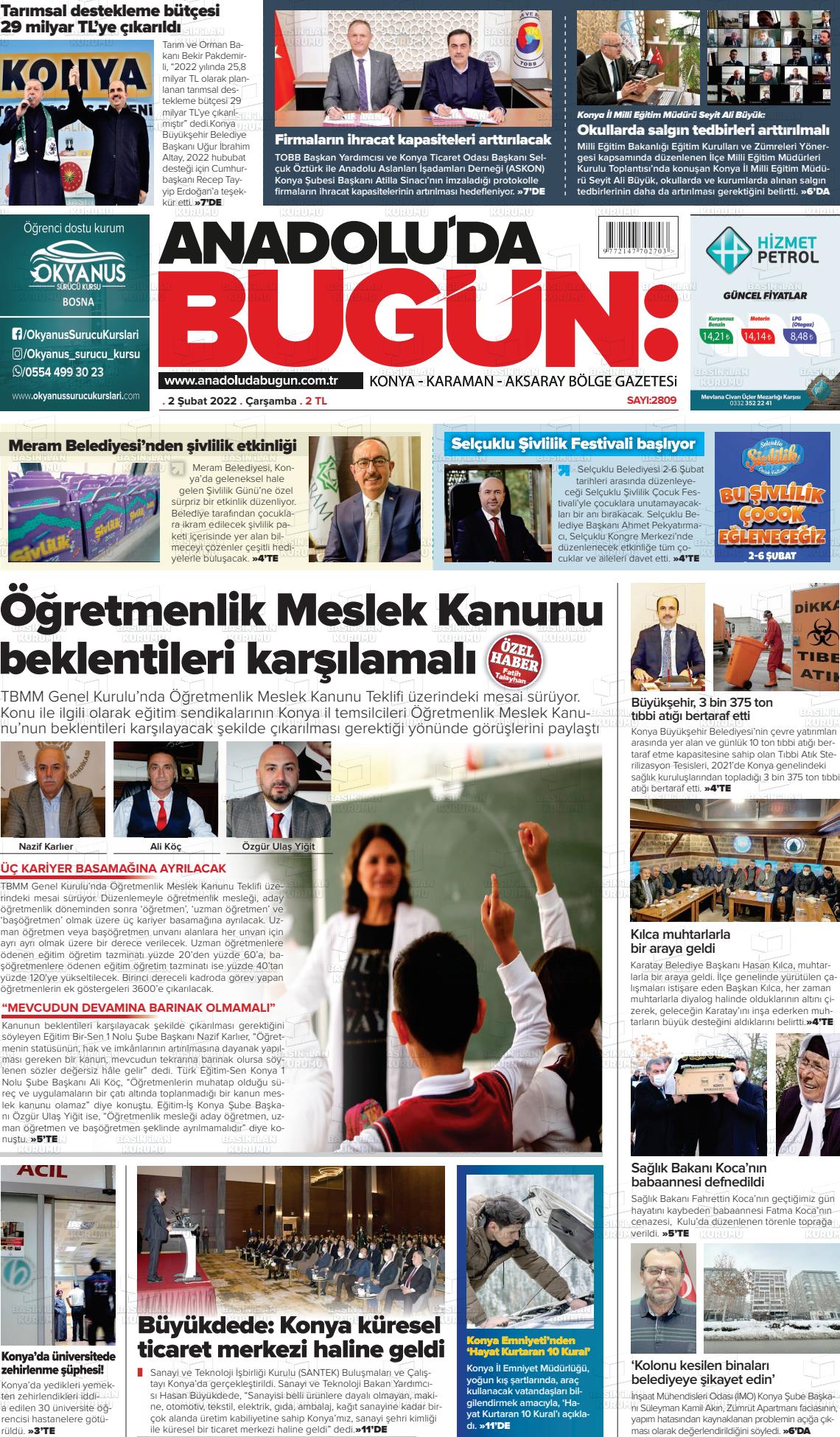 02 Şubat 2022 Anadolu'da Bugün Gazete Manşeti