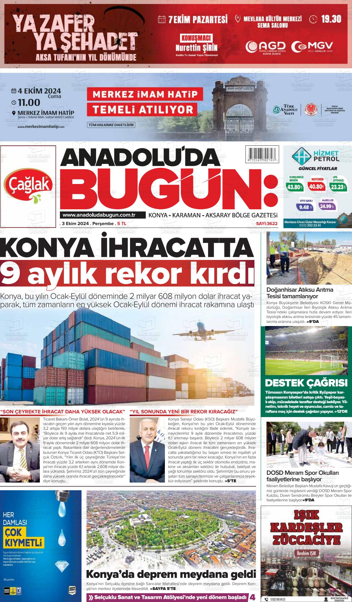 03 Ekim 2024 Anadolu'da Bugün Gazete Manşeti