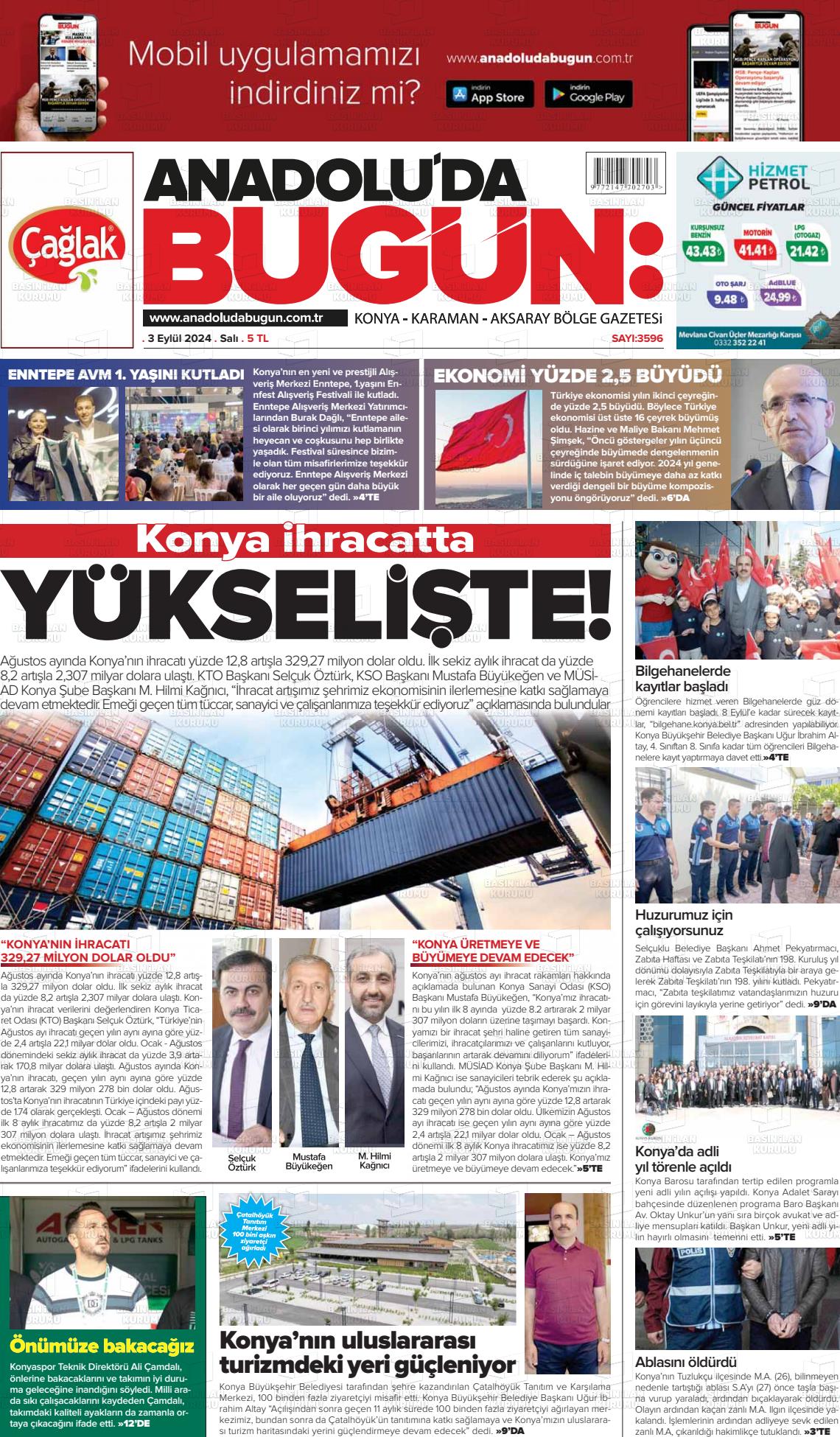 03 Eylül 2024 Anadolu'da Bugün Gazete Manşeti