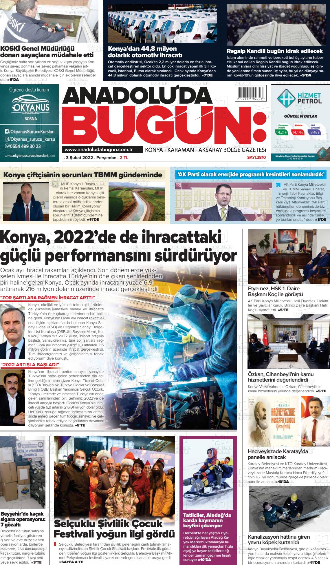 03 Şubat 2022 Anadolu'da Bugün Gazete Manşeti