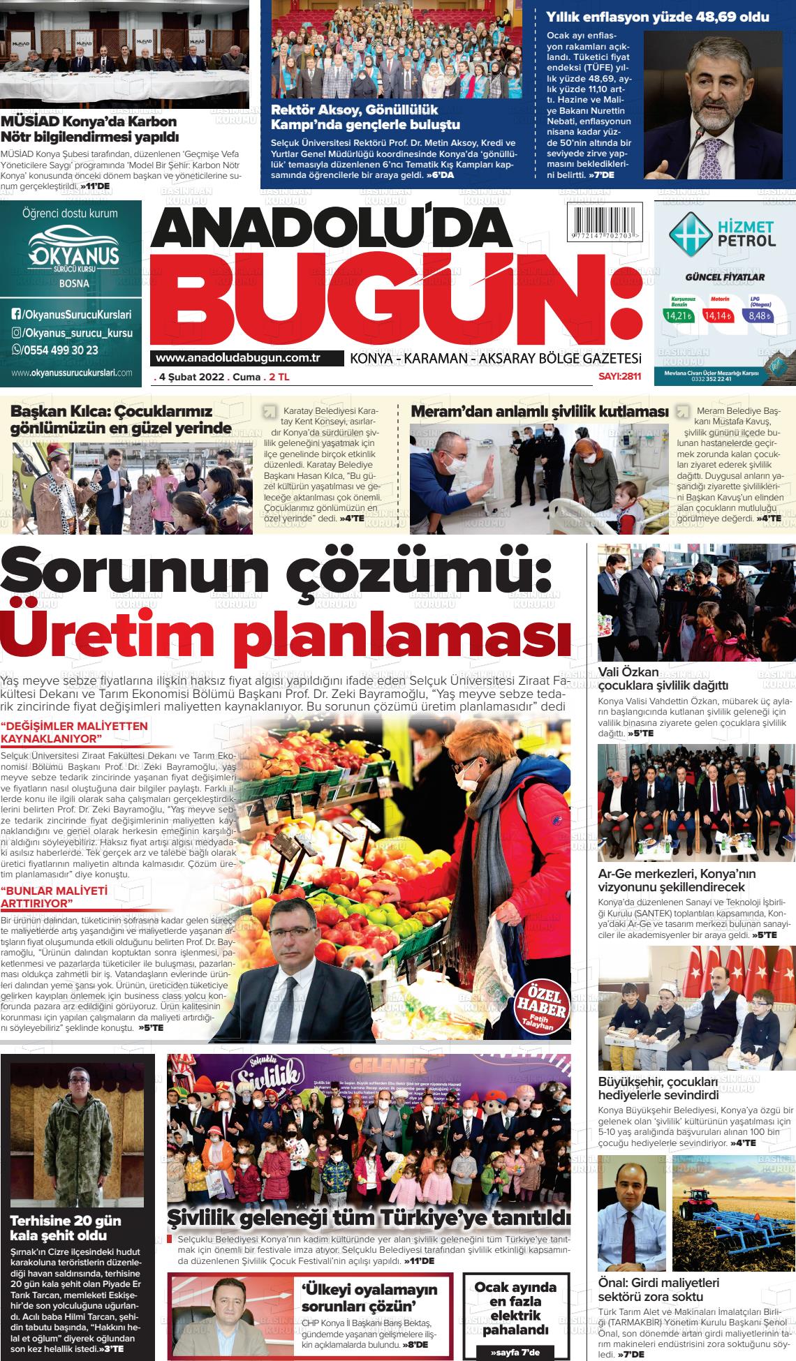 04 Şubat 2022 Anadolu'da Bugün Gazete Manşeti