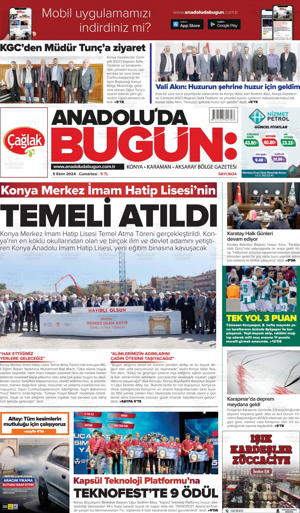 05 Ekim 2024 Anadolu'da Bugün Gazete Manşeti