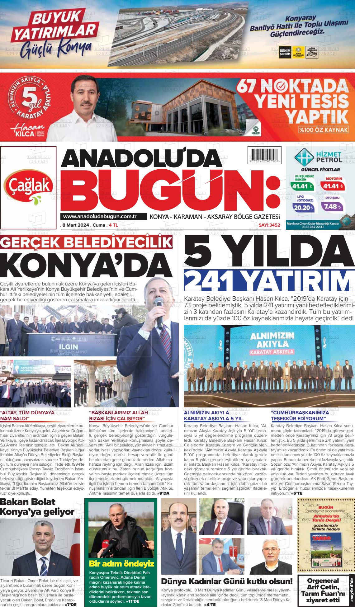 08 Mart 2024 Anadolu'da Bugün Gazete Manşeti