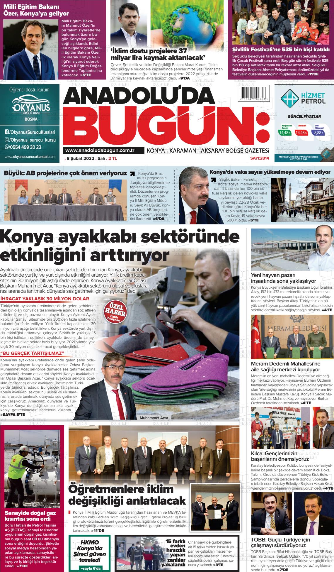 08 Şubat 2022 Anadolu'da Bugün Gazete Manşeti