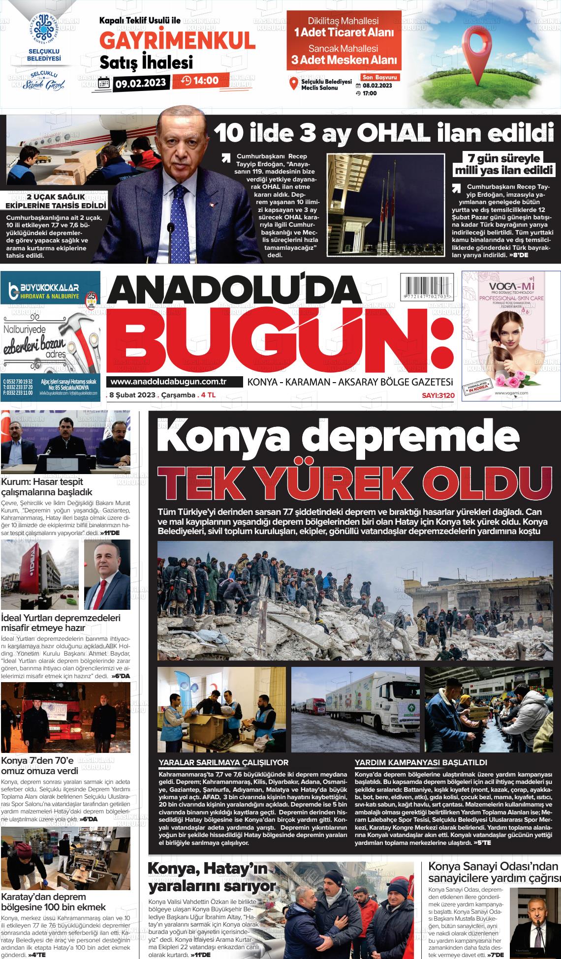 08 Şubat 2023 Anadolu'da Bugün Gazete Manşeti