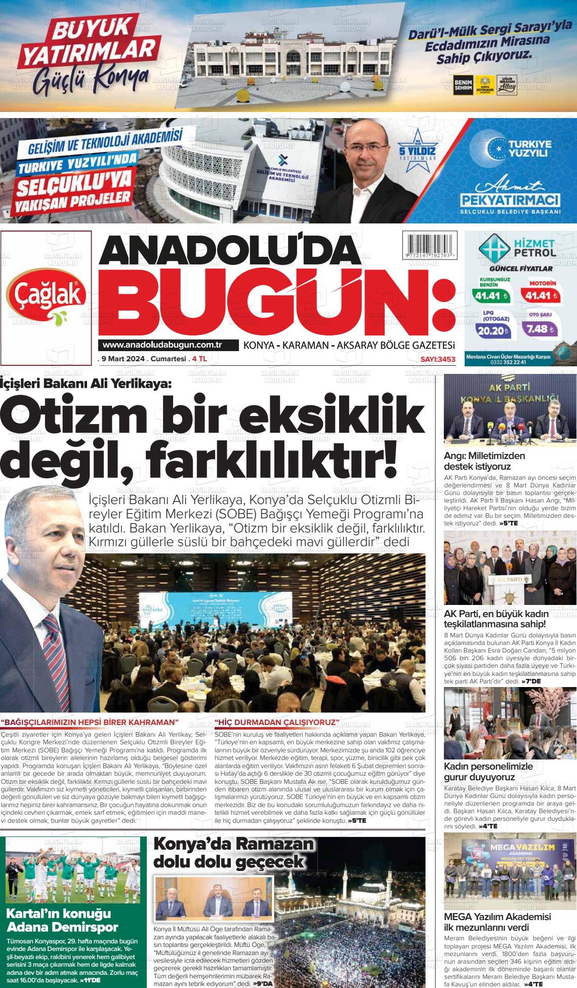 09 Mart 2024 Anadolu'da Bugün Gazete Manşeti