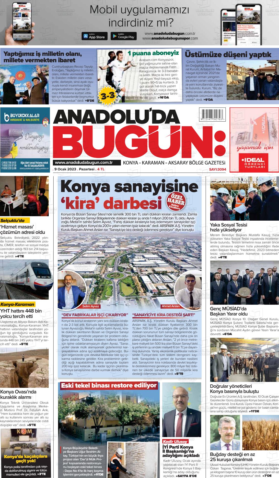 09 Ocak 2023 Anadolu'da Bugün Gazete Manşeti