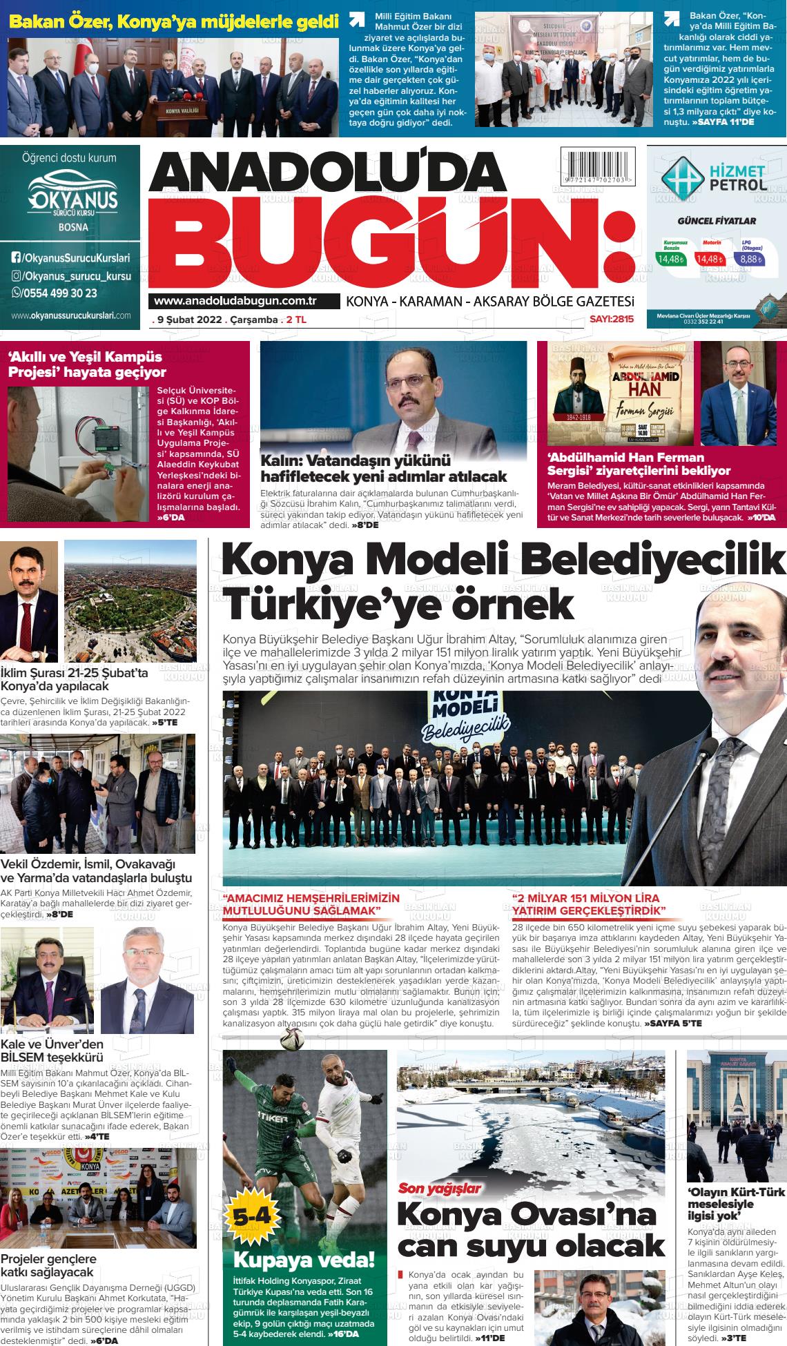 09 Nisan 2022 Anadolu'da Bugün Gazete Manşeti