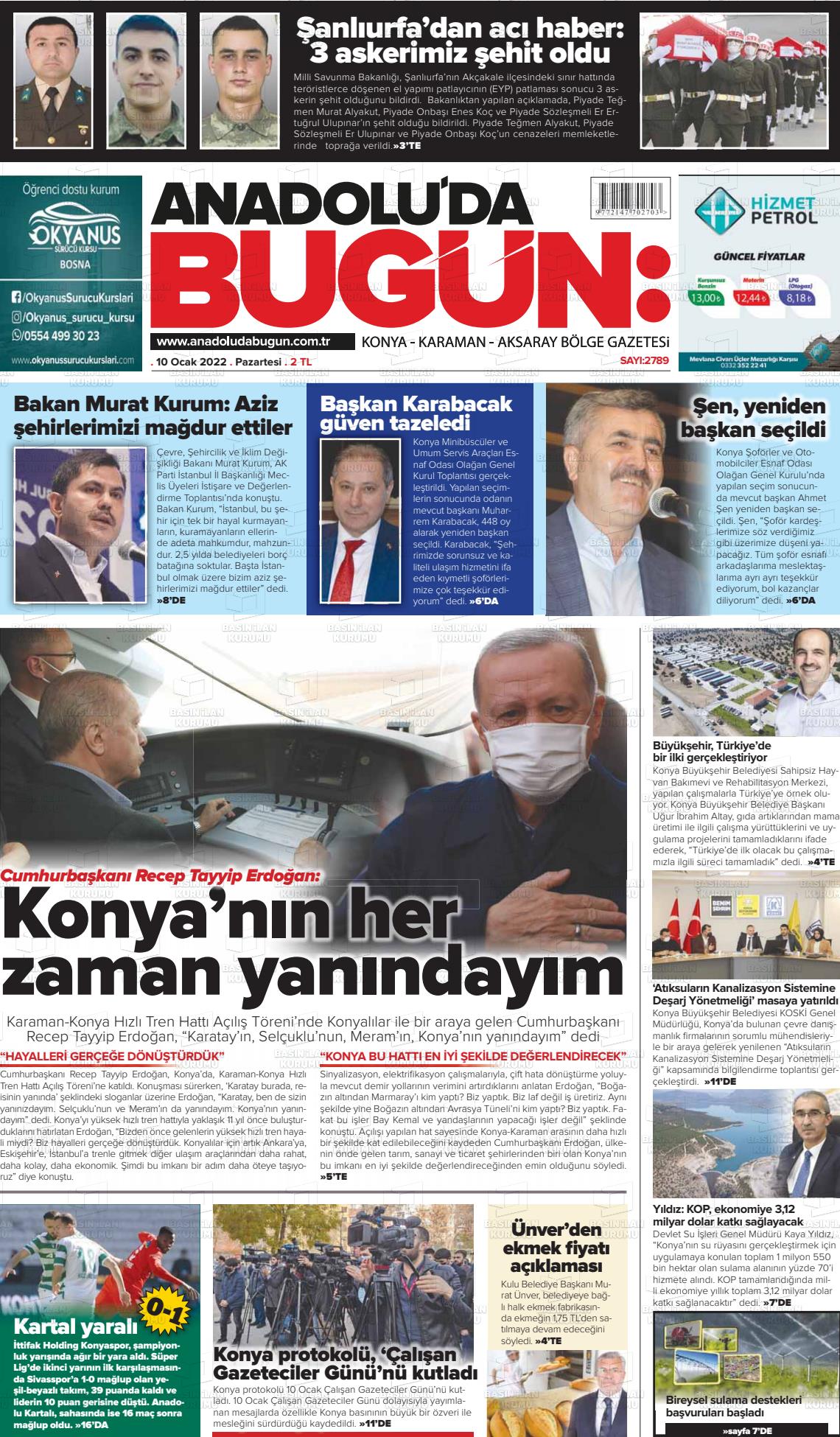 10 Ocak 2022 Anadolu'da Bugün Gazete Manşeti