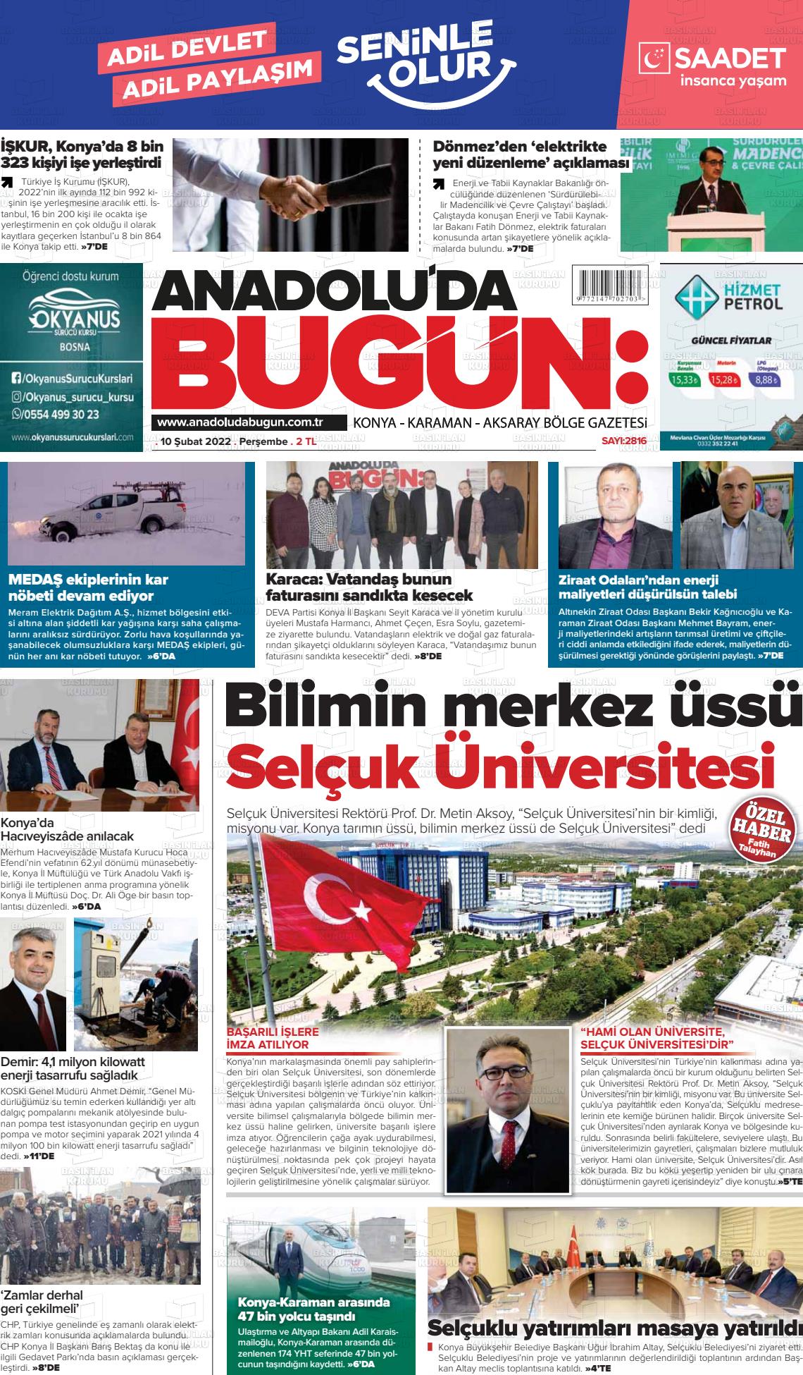 10 Şubat 2022 Anadolu'da Bugün Gazete Manşeti