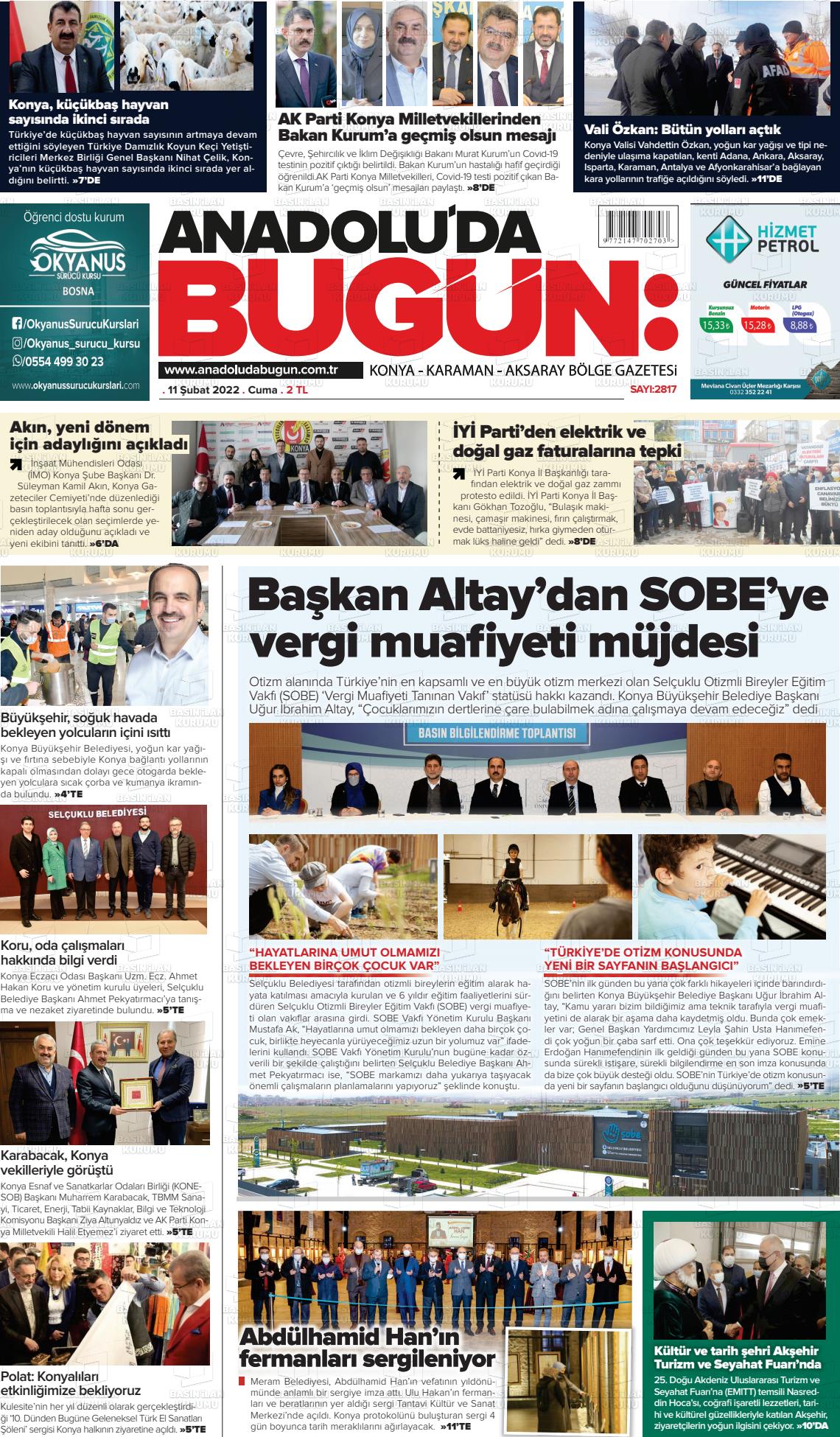 11 Şubat 2022 Anadolu'da Bugün Gazete Manşeti