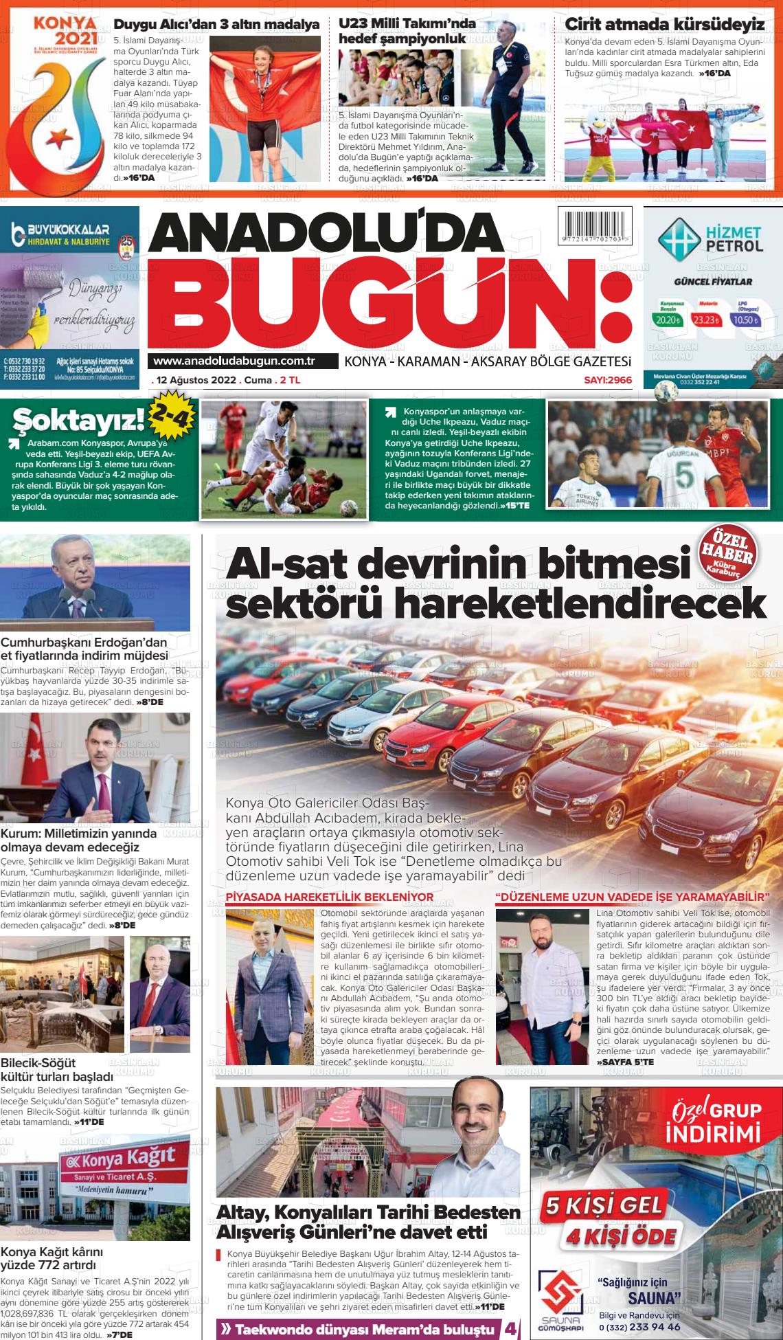 12 Ağustos 2022 Anadolu'da Bugün Gazete Manşeti