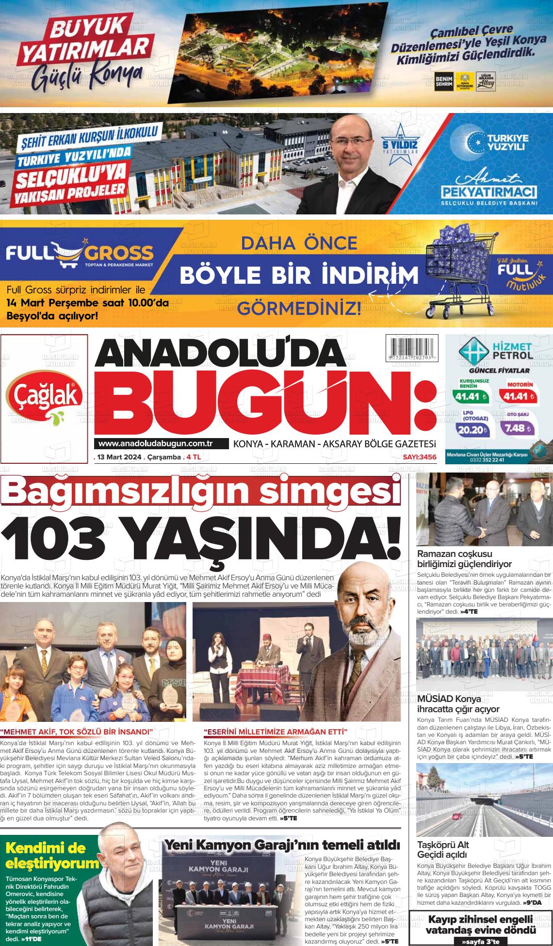 13 Mart 2024 Anadolu'da Bugün Gazete Manşeti