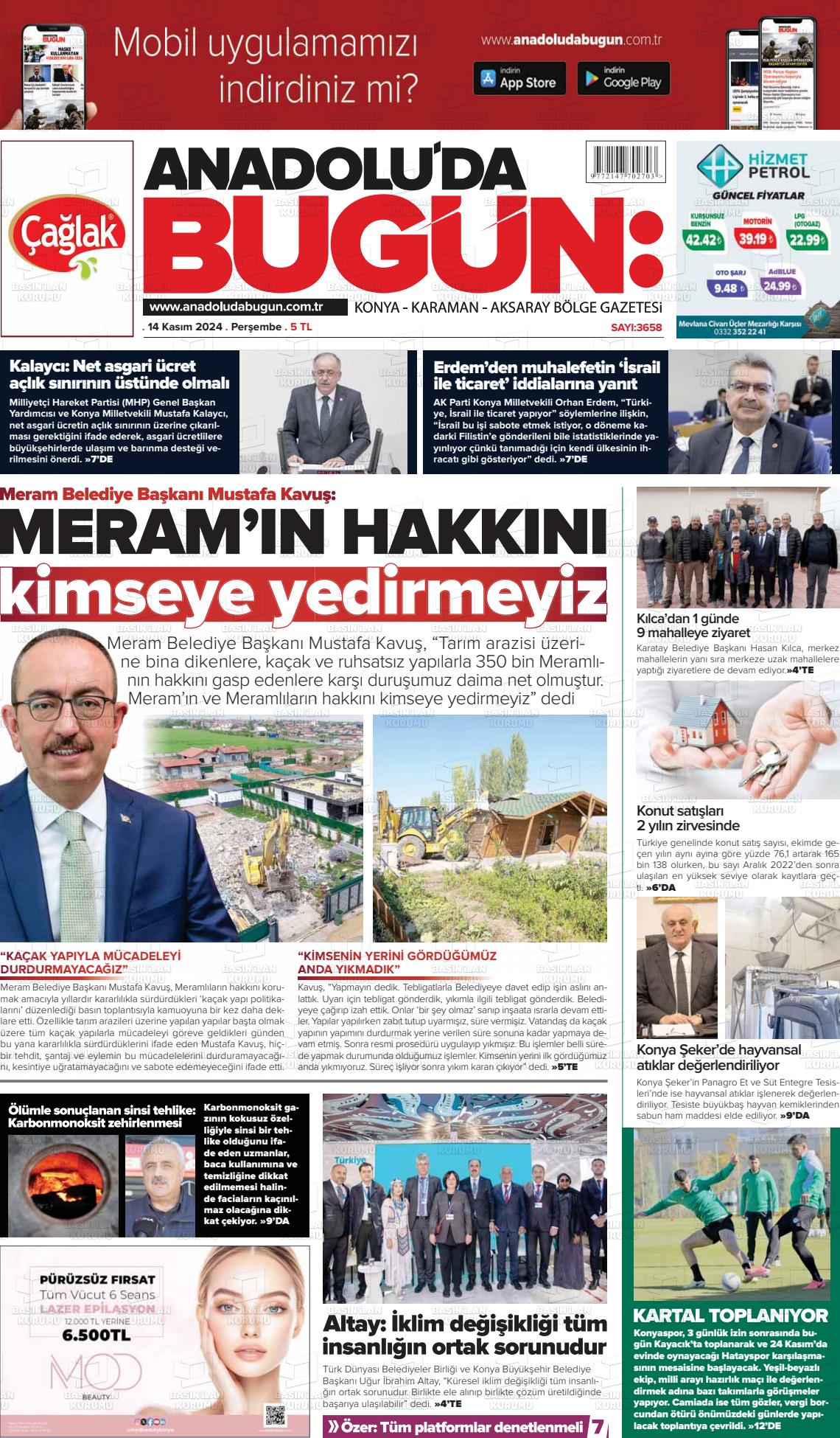 14 Kasım 2024 Anadolu'da Bugün Gazete Manşeti