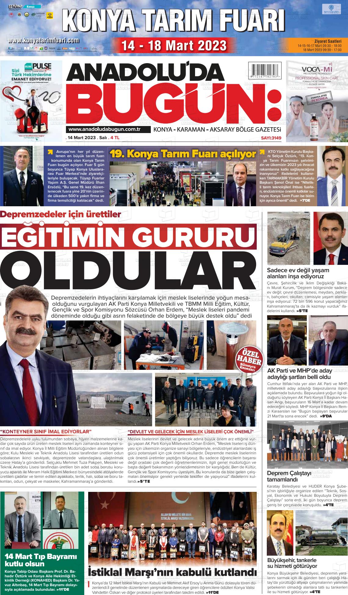 14 Mart 2023 Anadolu'da Bugün Gazete Manşeti