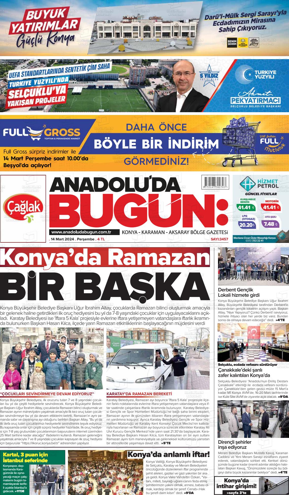 14 Mart 2024 Anadolu'da Bugün Gazete Manşeti