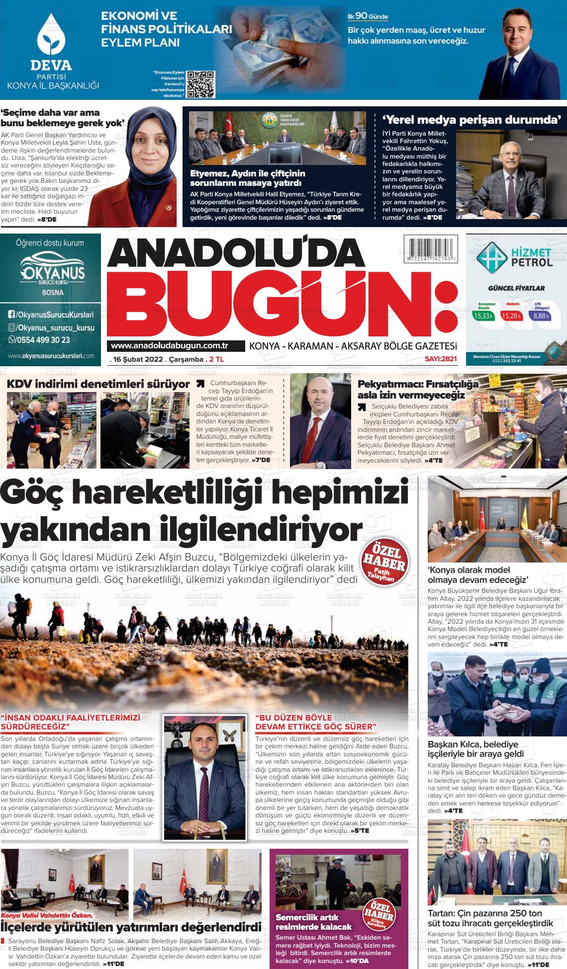 16 Şubat 2022 Anadolu'da Bugün Gazete Manşeti