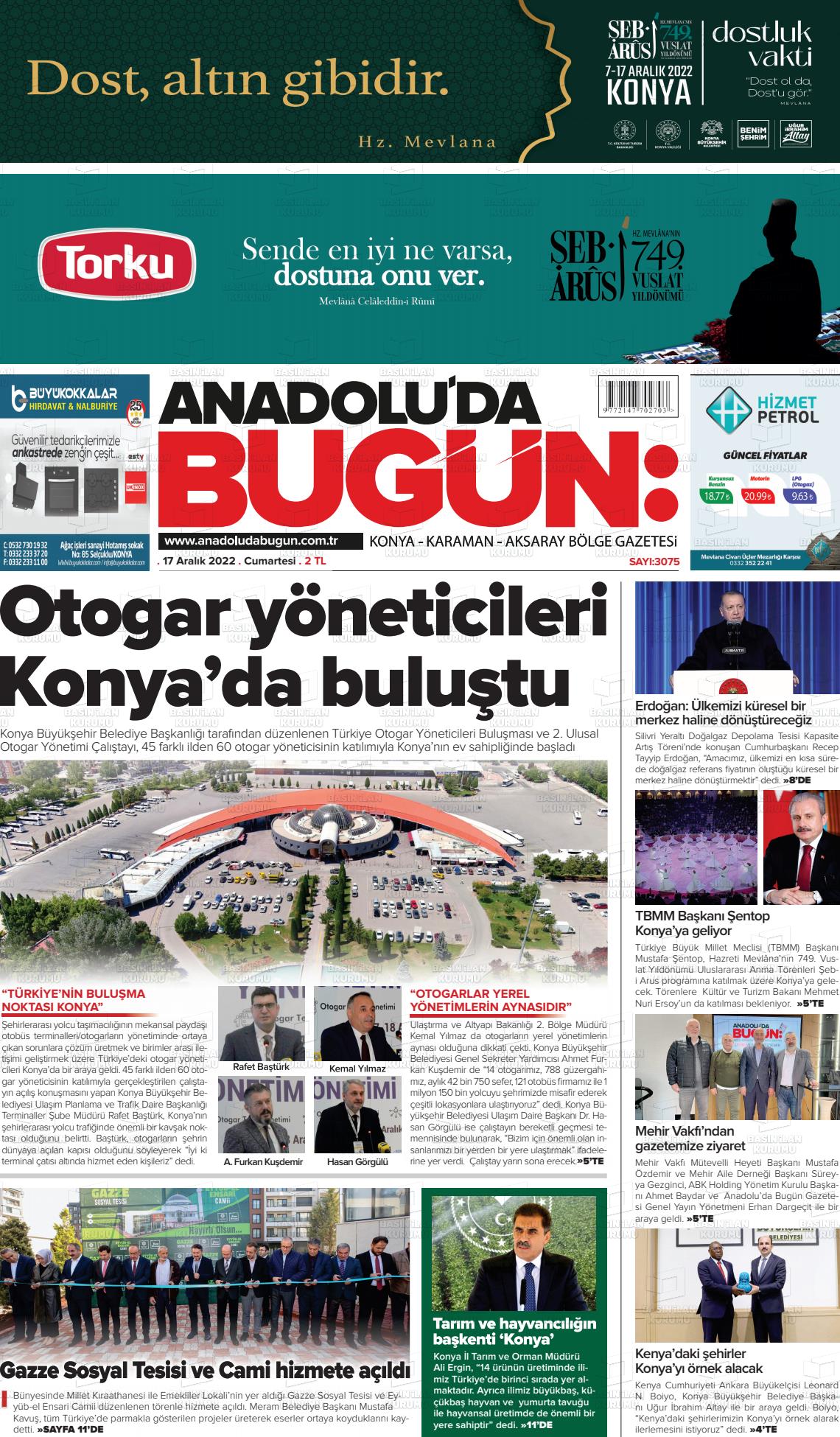 17 Aralık 2022 Anadolu'da Bugün Gazete Manşeti