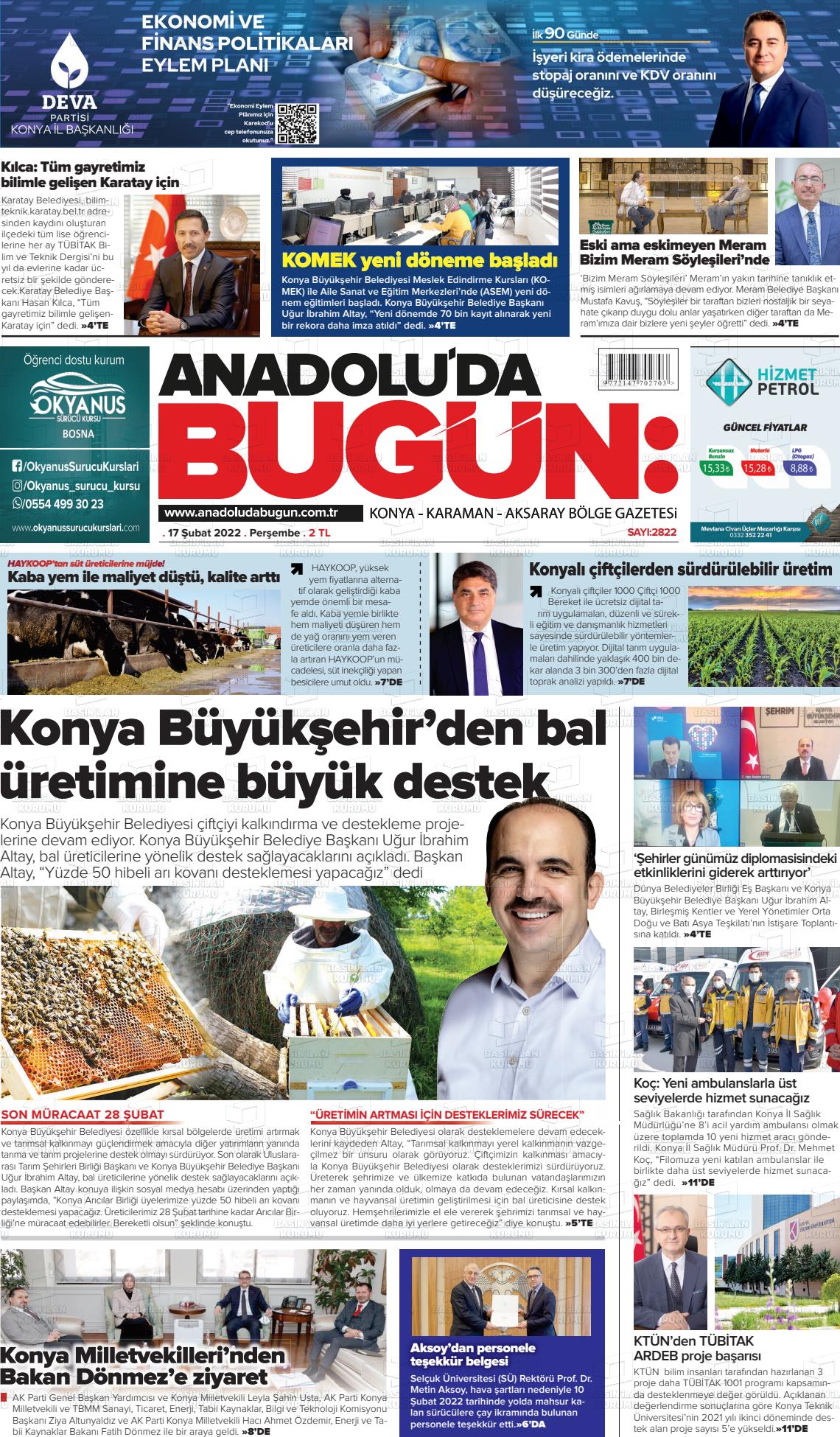 17 Şubat 2022 Anadolu'da Bugün Gazete Manşeti