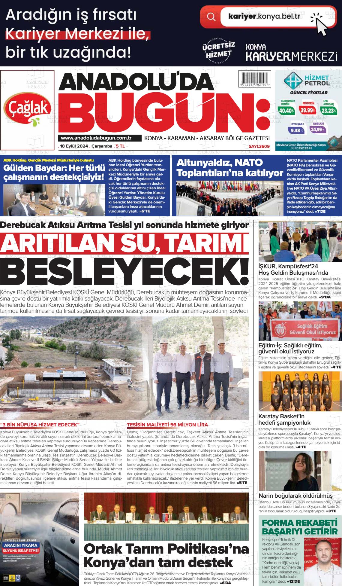 18 Eylül 2024 Anadolu'da Bugün Gazete Manşeti