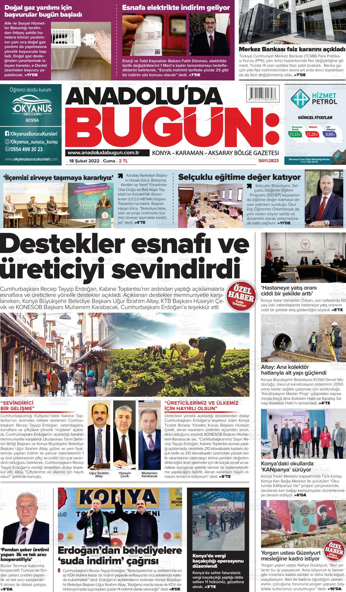 18 Şubat 2022 Anadolu'da Bugün Gazete Manşeti