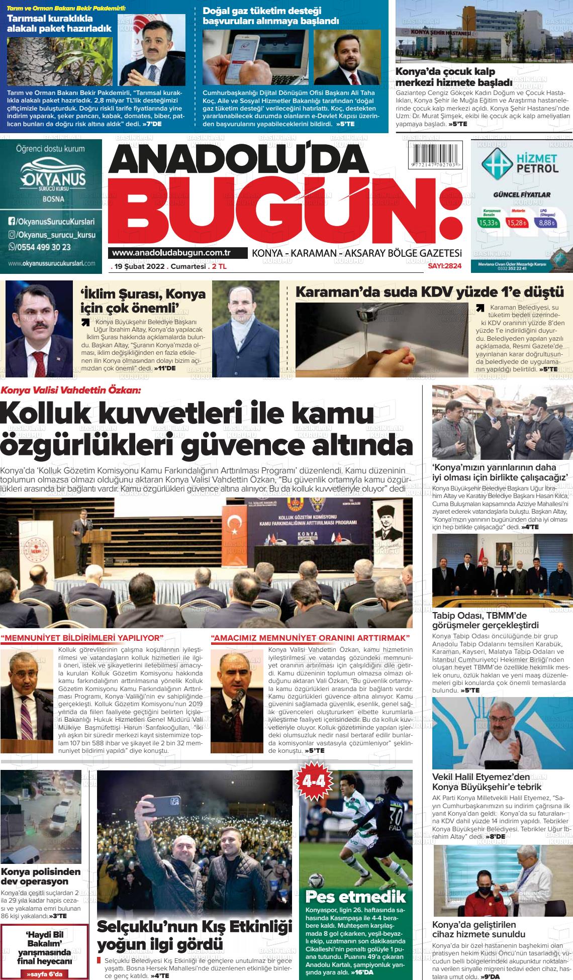 19 Şubat 2022 Anadolu'da Bugün Gazete Manşeti