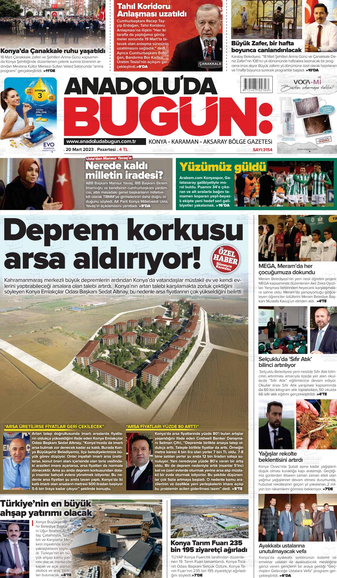 20 Mart 2023 Anadolu'da Bugün Gazete Manşeti