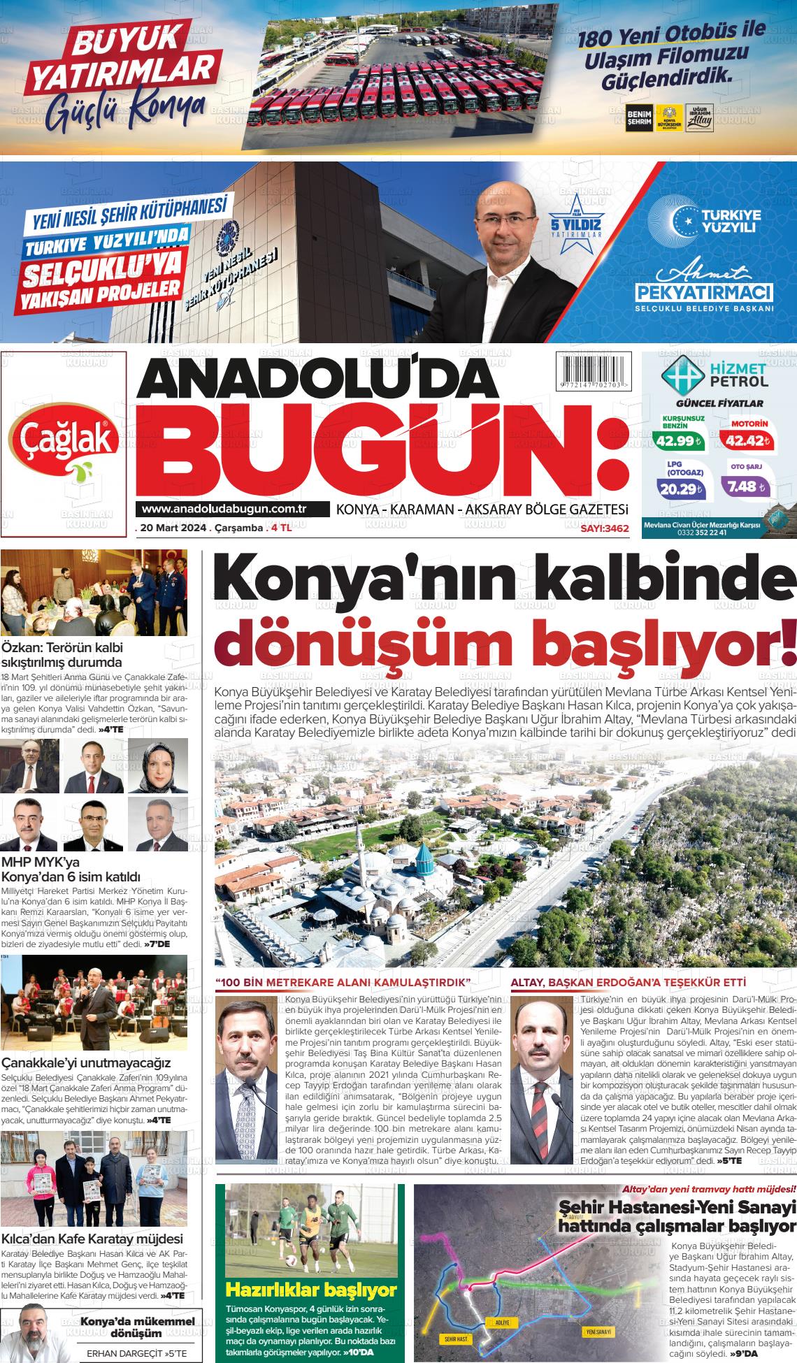 20 Mart 2024 Anadolu'da Bugün Gazete Manşeti