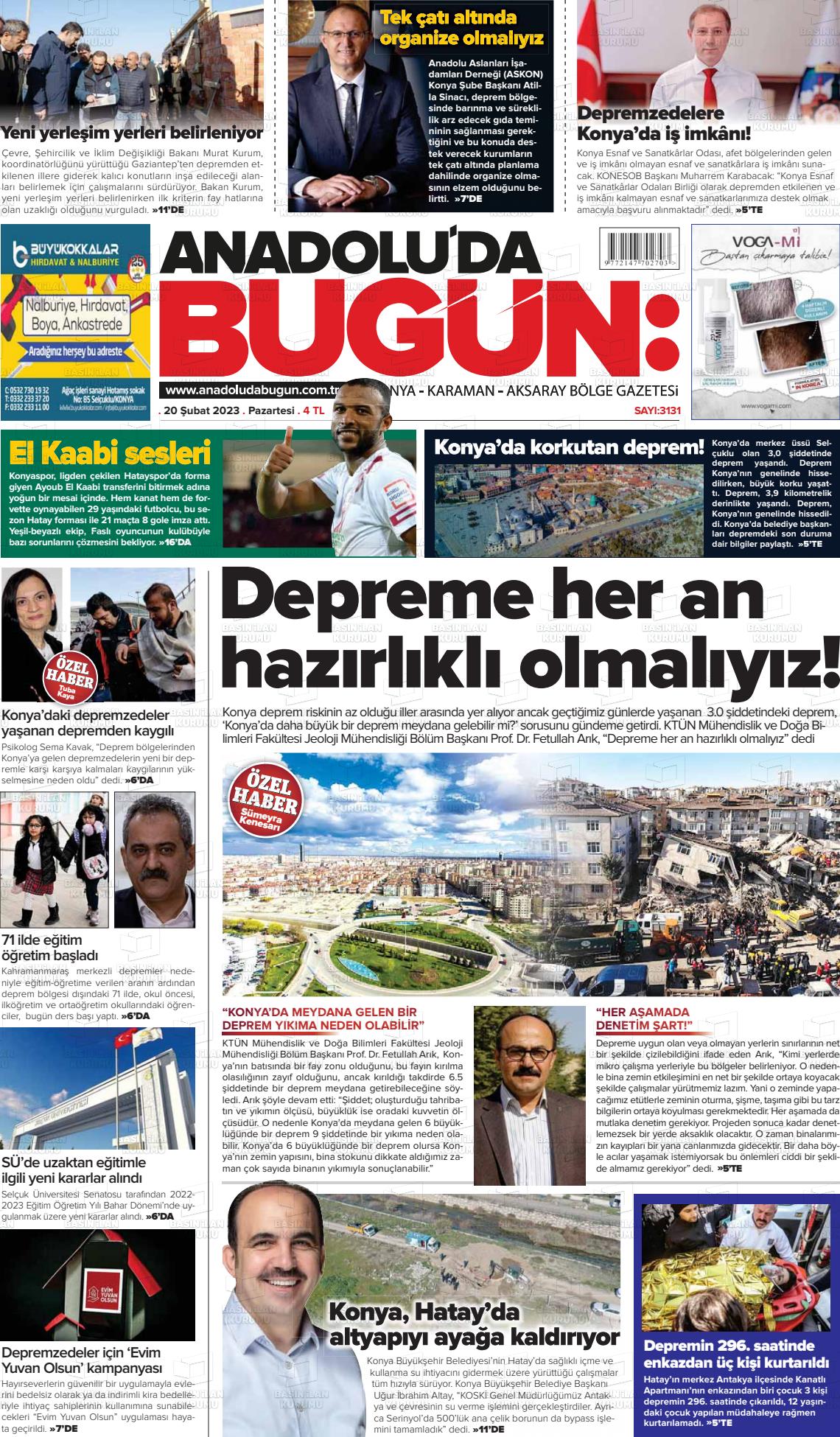 20 Şubat 2023 Anadolu'da Bugün Gazete Manşeti