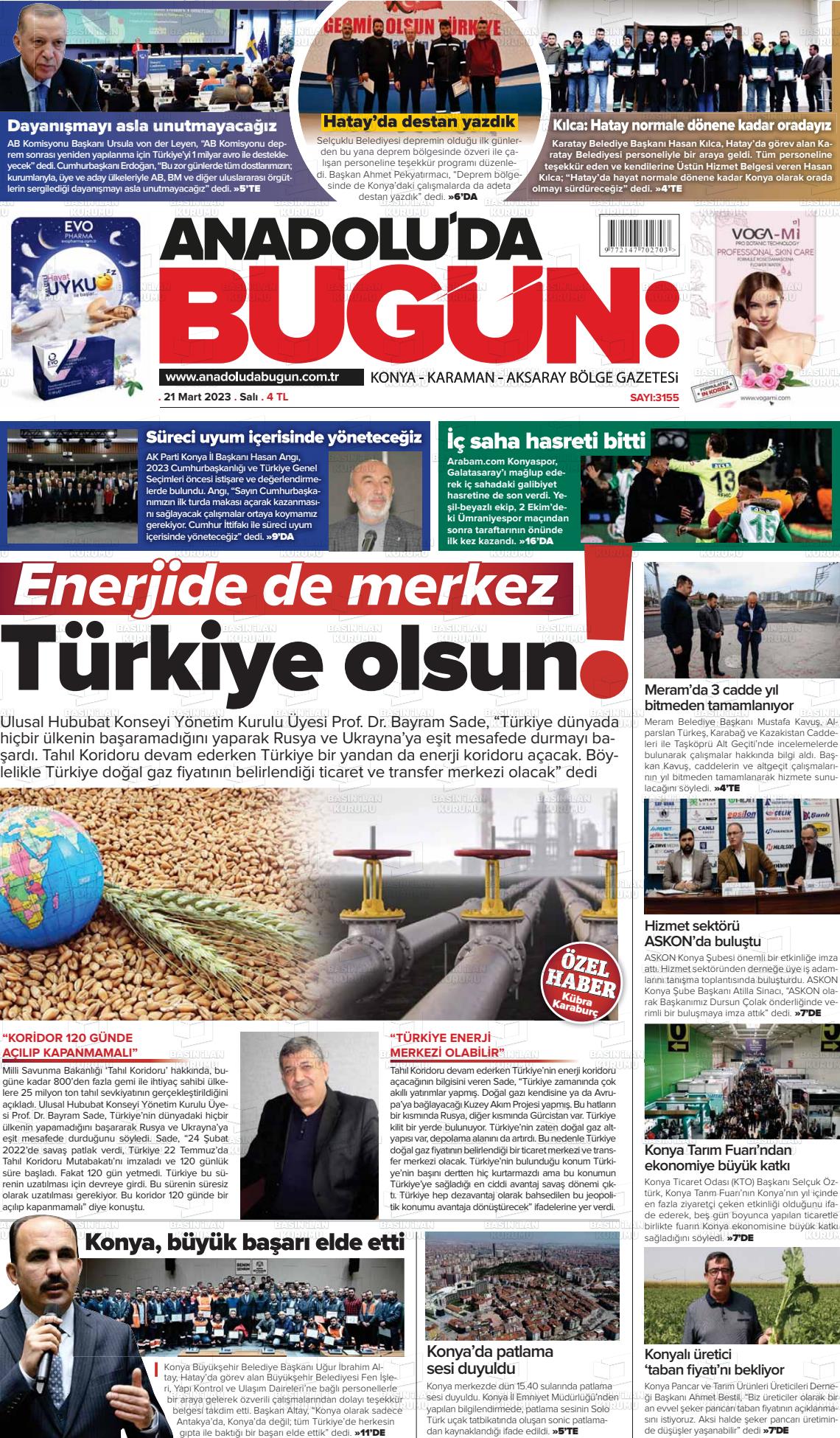 21 Mart 2023 Anadolu'da Bugün Gazete Manşeti