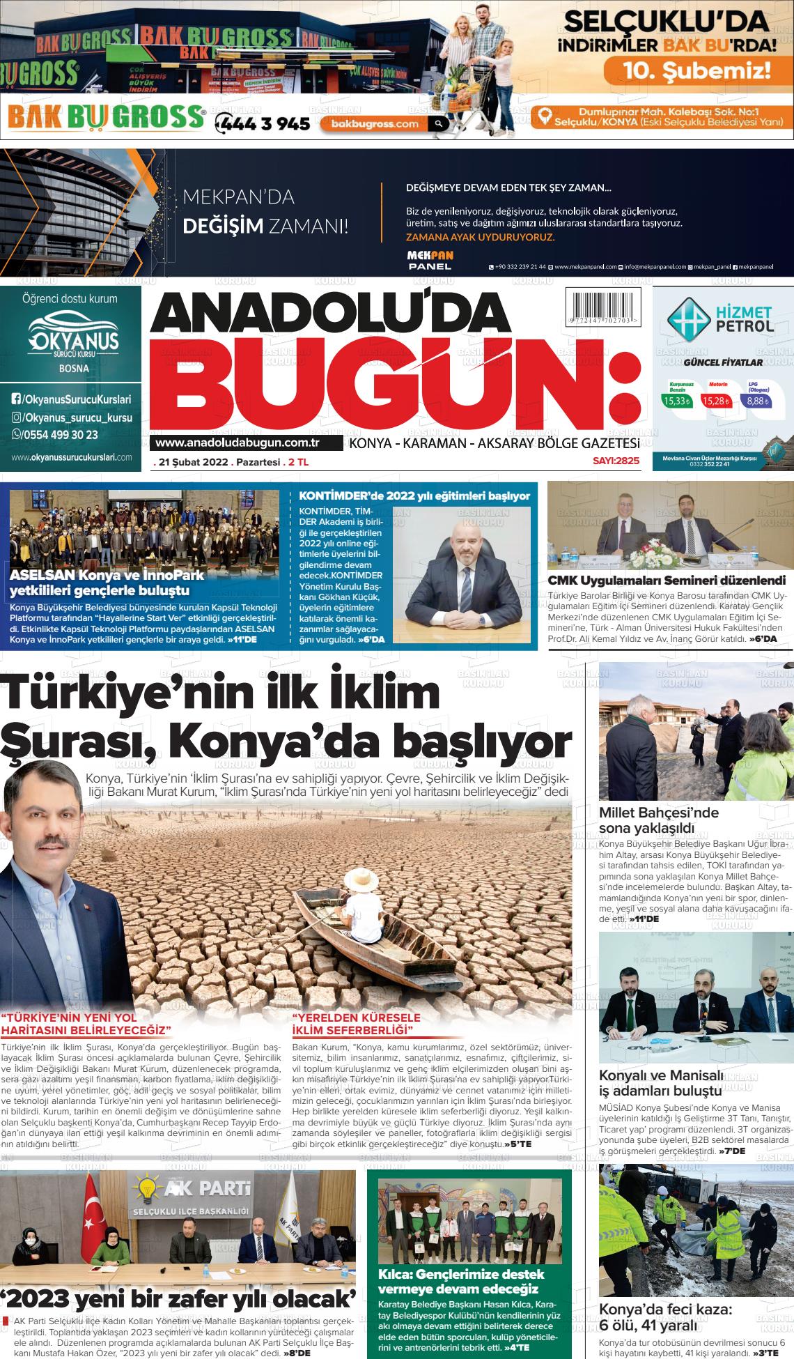 21 Şubat 2022 Anadolu'da Bugün Gazete Manşeti