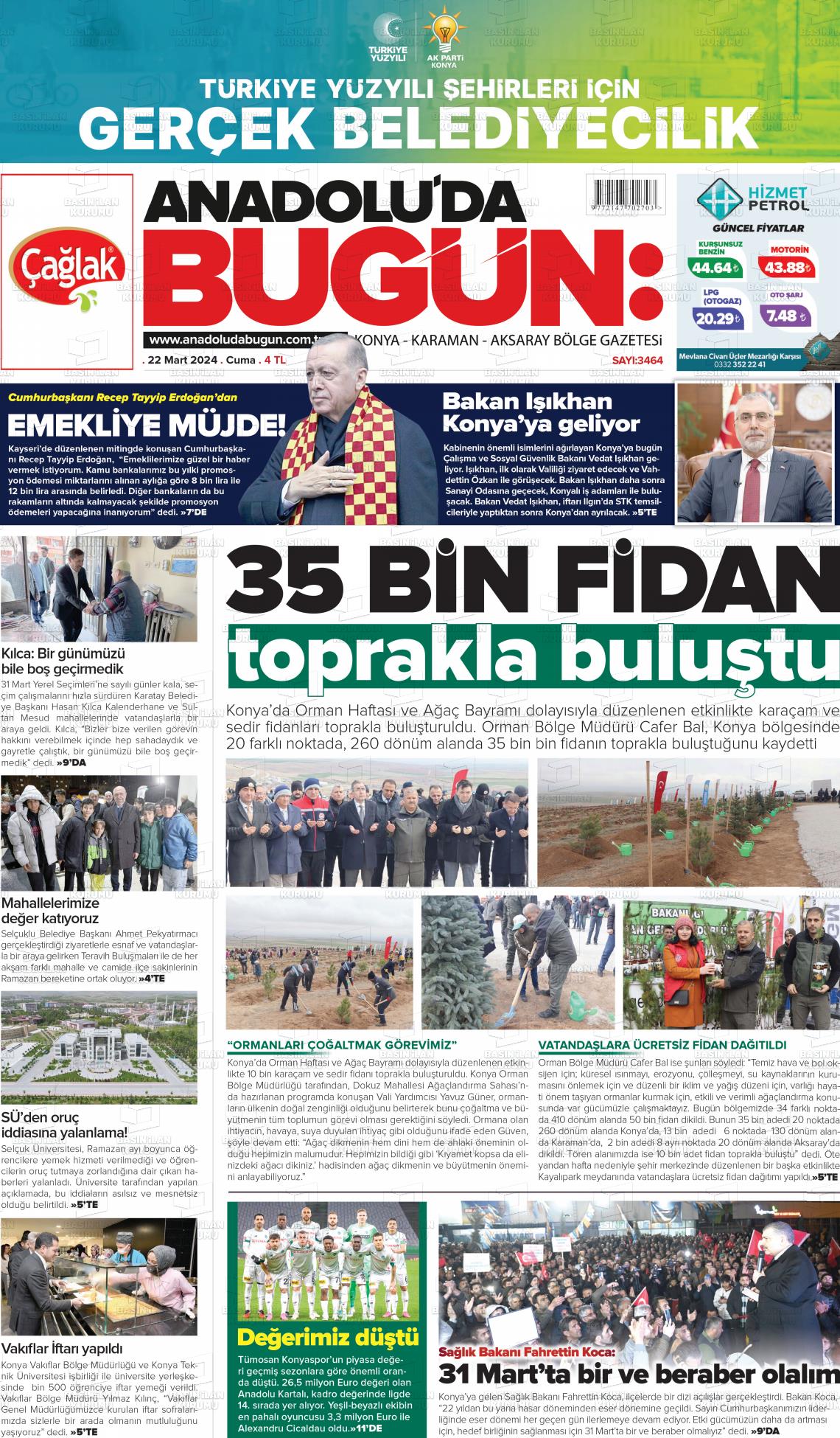 22 Mart 2024 Anadolu'da Bugün Gazete Manşeti