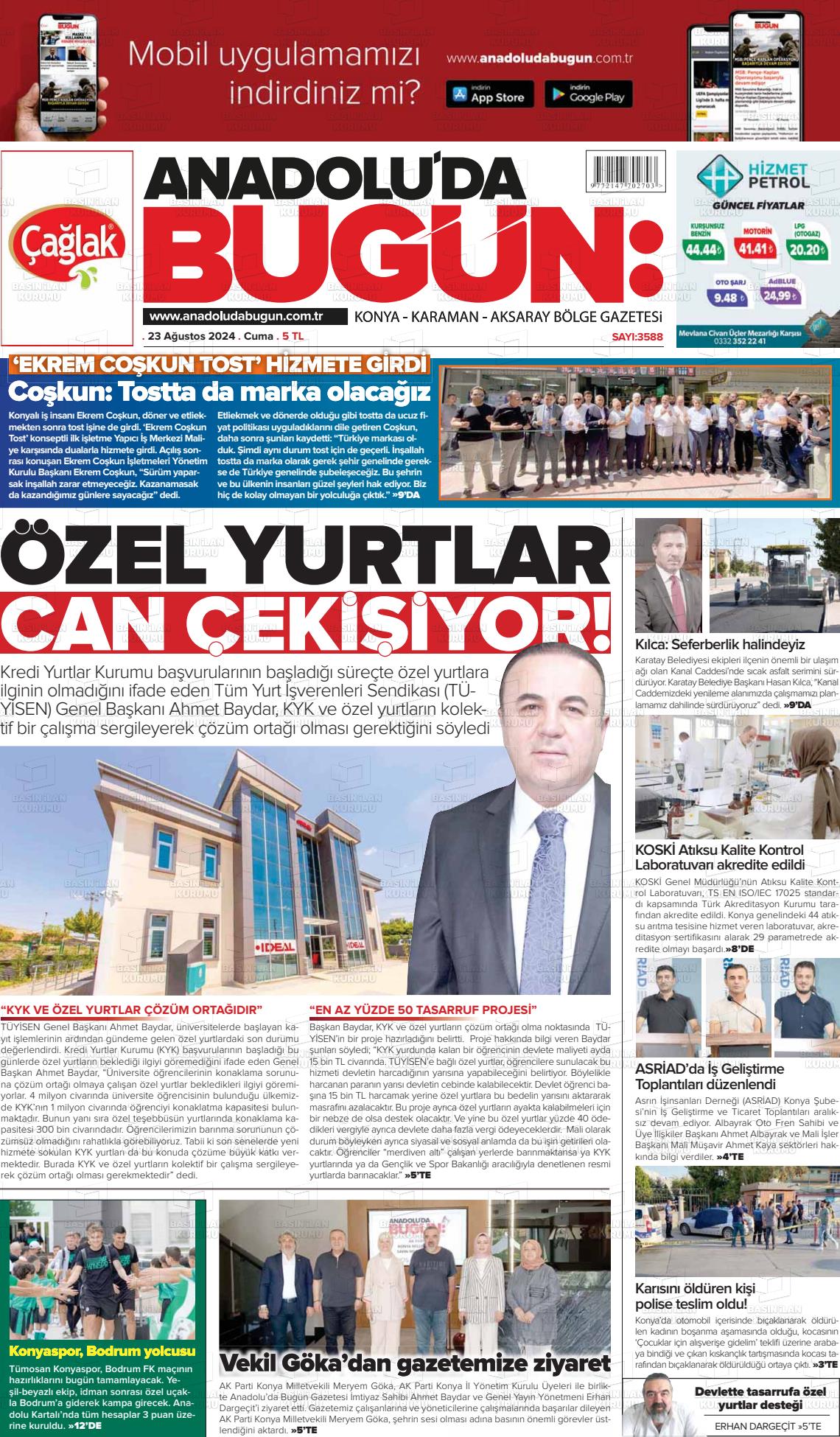 23 Ağustos 2024 Anadolu'da Bugün Gazete Manşeti