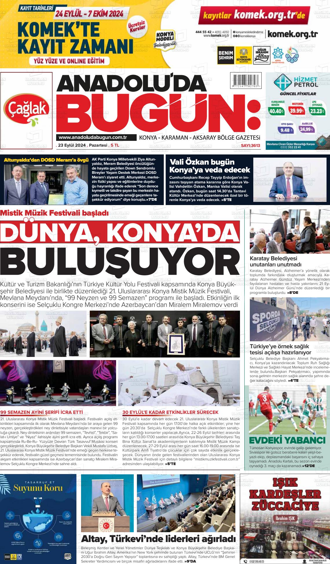 23 Eylül 2024 Anadolu'da Bugün Gazete Manşeti