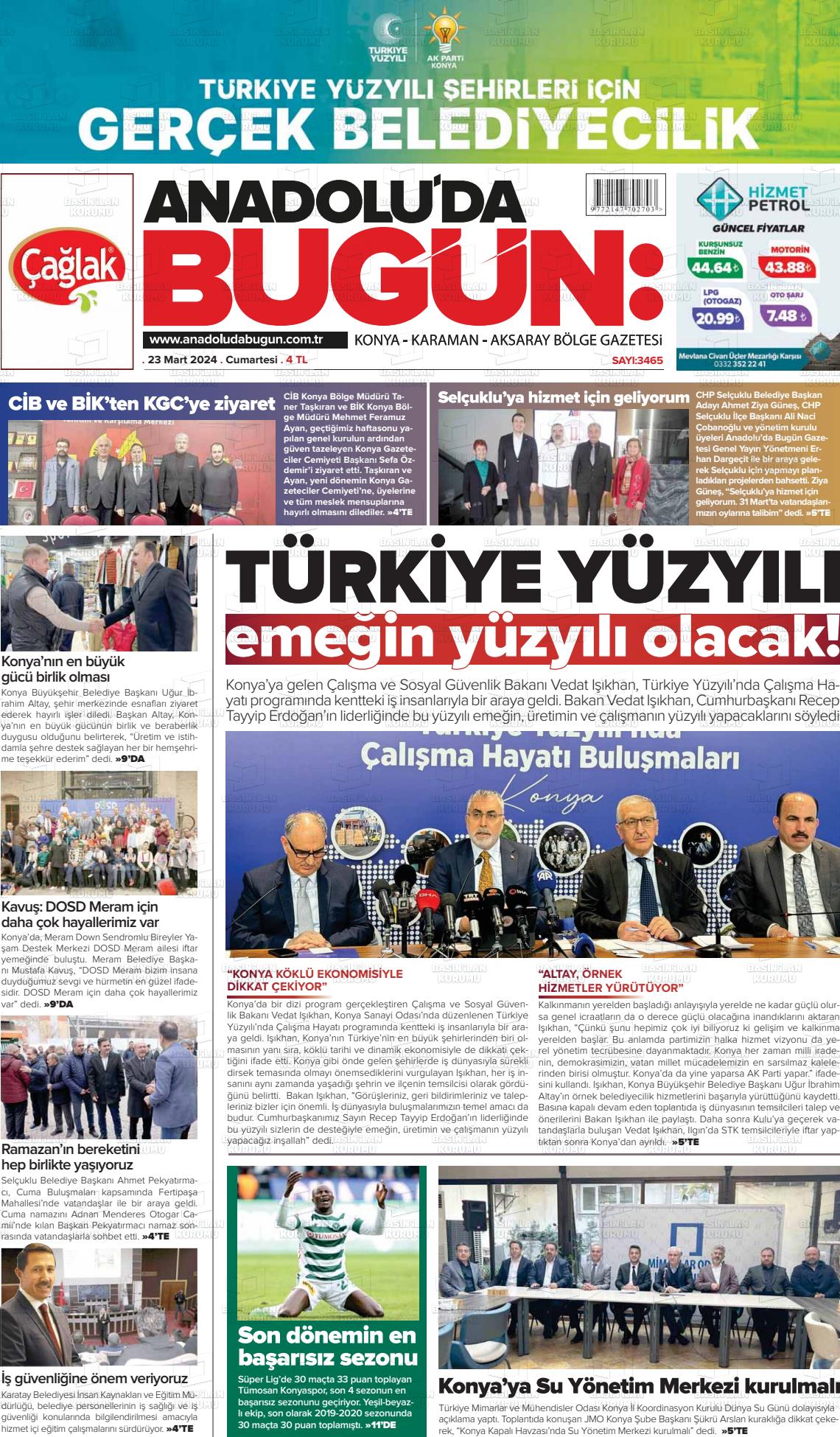 23 Mart 2024 Anadolu'da Bugün Gazete Manşeti