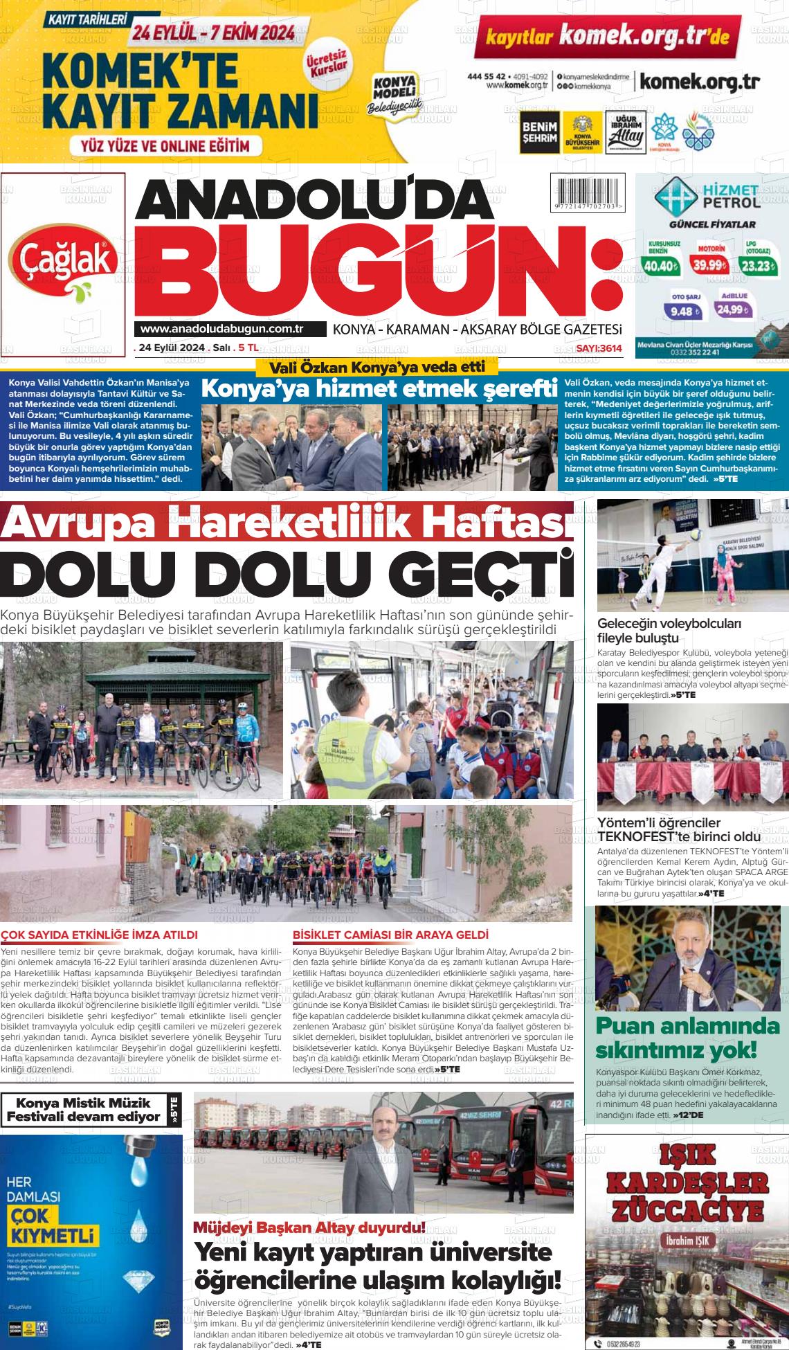 25 Eylül 2024 Anadolu'da Bugün Gazete Manşeti