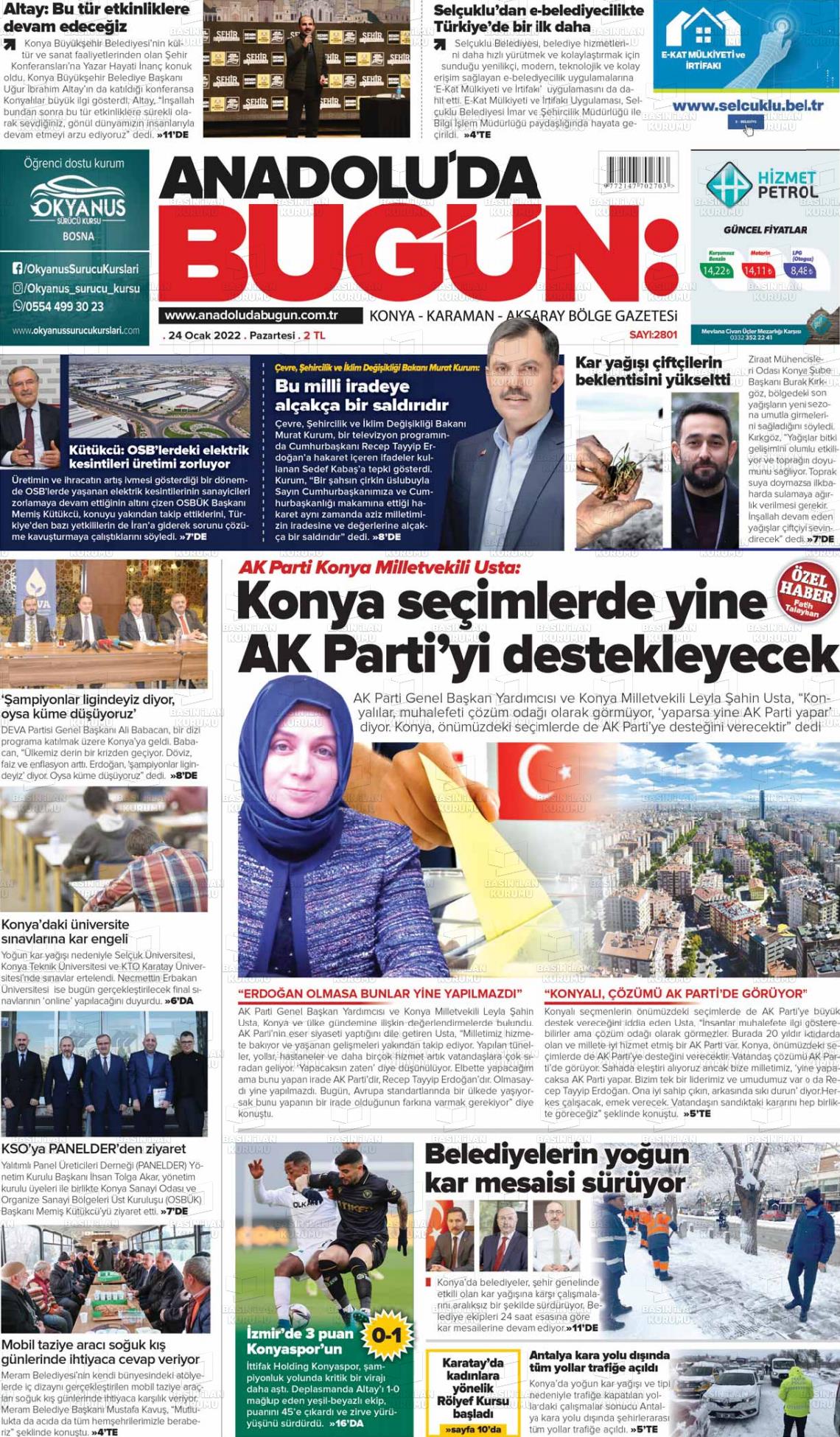 24 Ocak 2022 Anadolu'da Bugün Gazete Manşeti