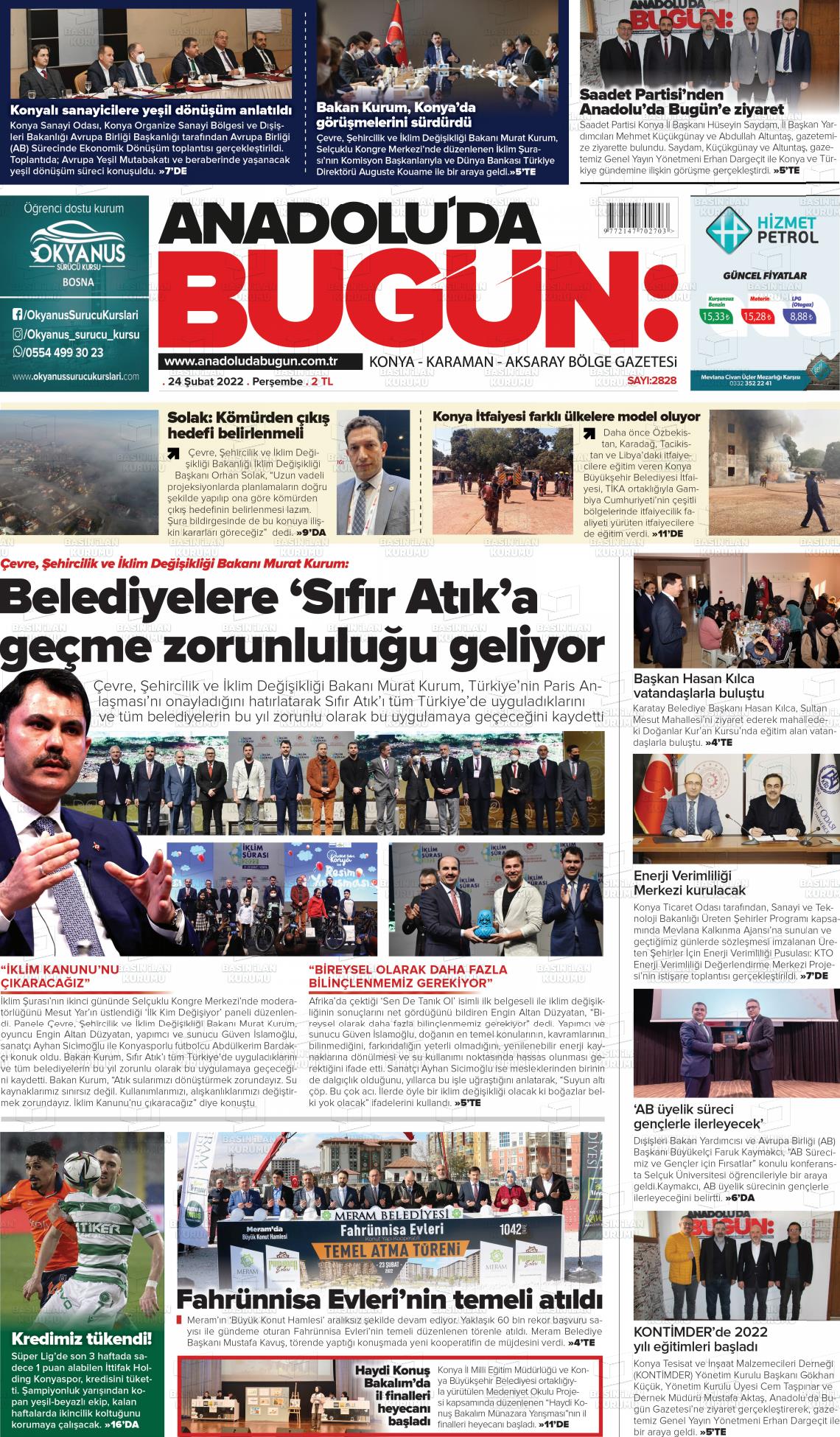 24 Şubat 2022 Anadolu'da Bugün Gazete Manşeti