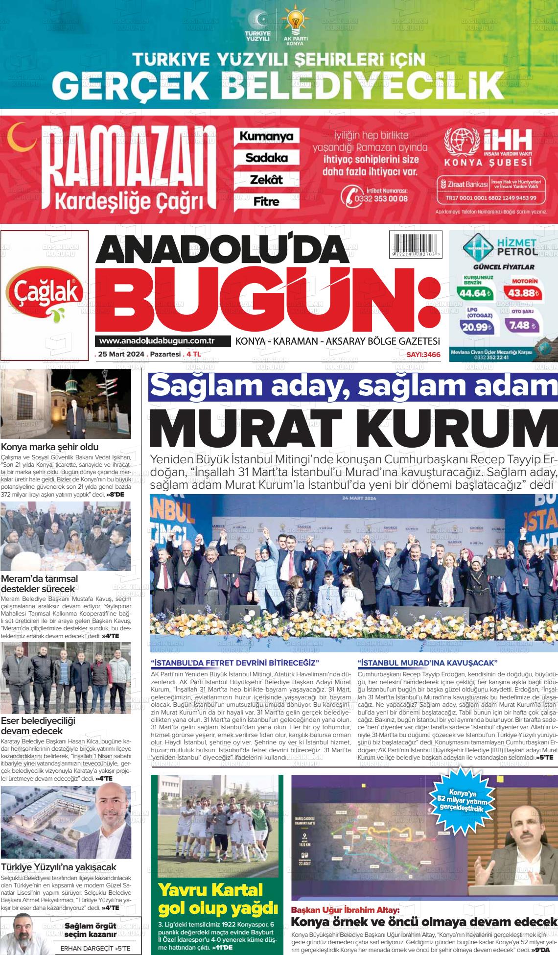 25 Mart 2024 Anadolu'da Bugün Gazete Manşeti