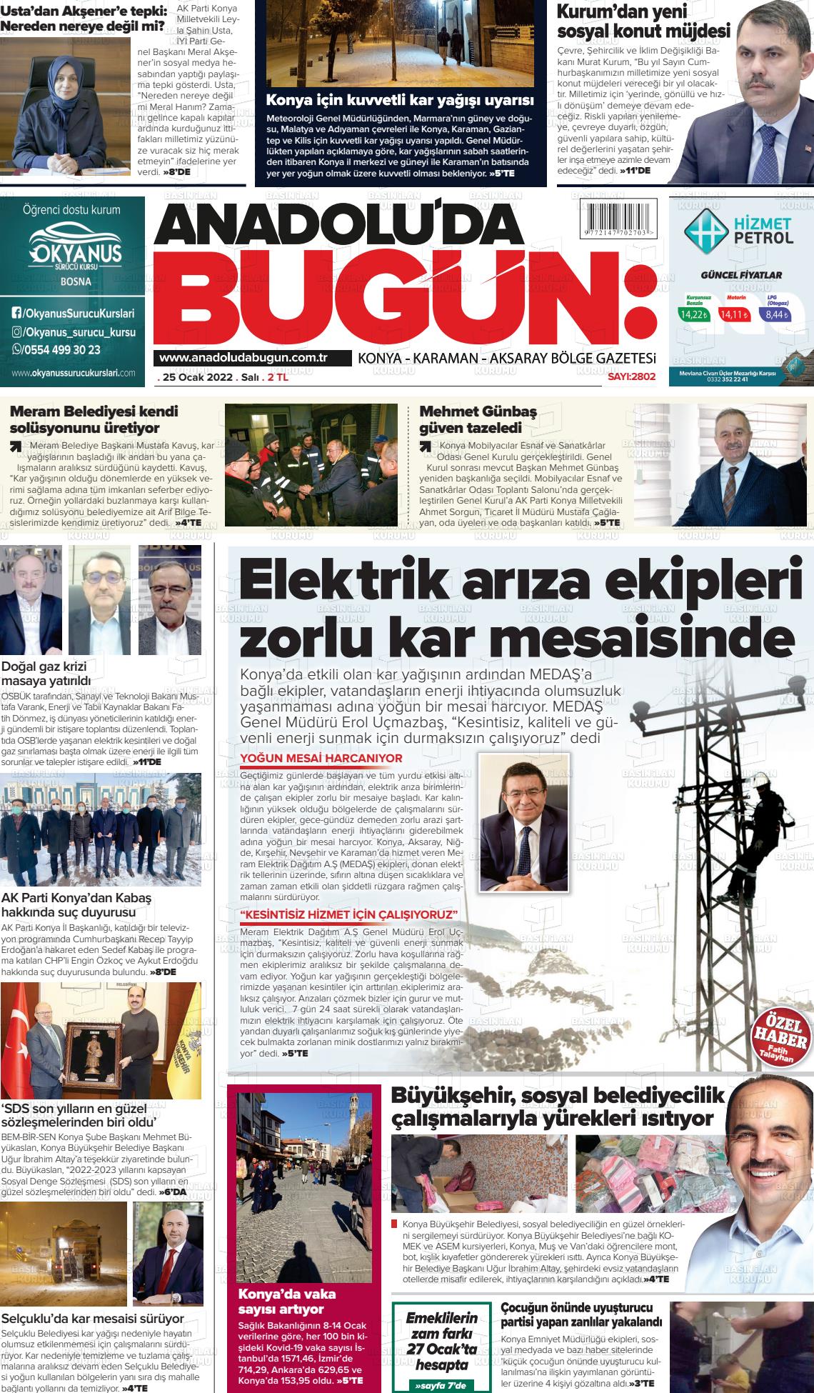 25 Ocak 2022 Anadolu'da Bugün Gazete Manşeti