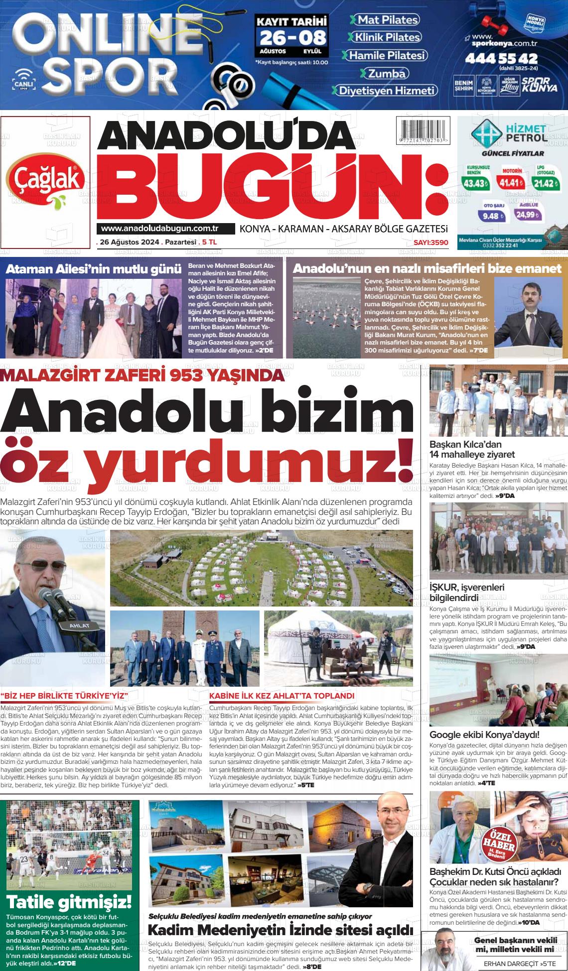 26 Ağustos 2024 Anadolu'da Bugün Gazete Manşeti