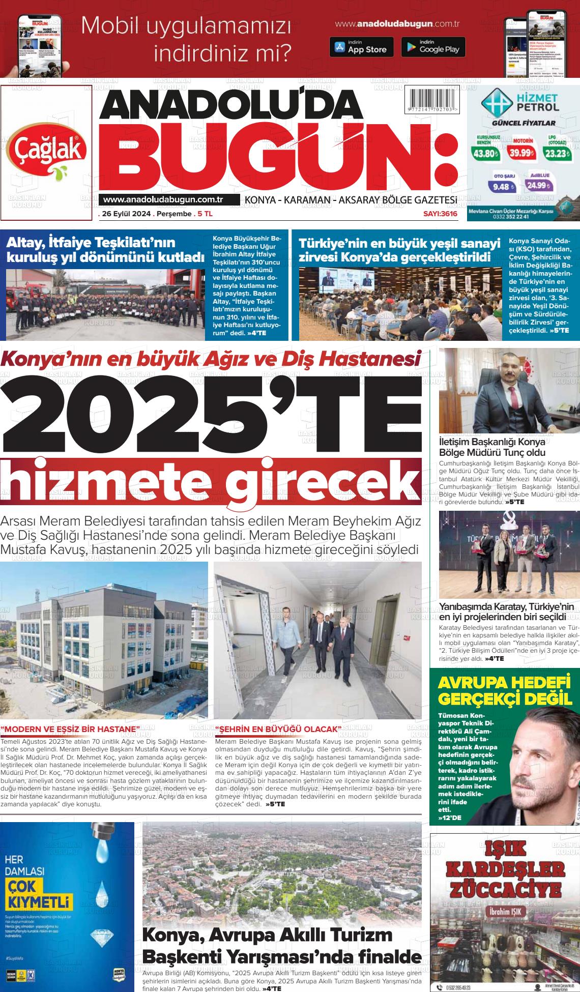 26 Eylül 2024 Anadolu'da Bugün Gazete Manşeti