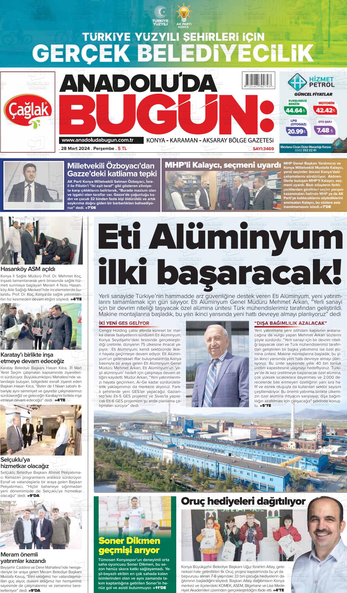 28 Mart 2024 Anadolu'da Bugün Gazete Manşeti