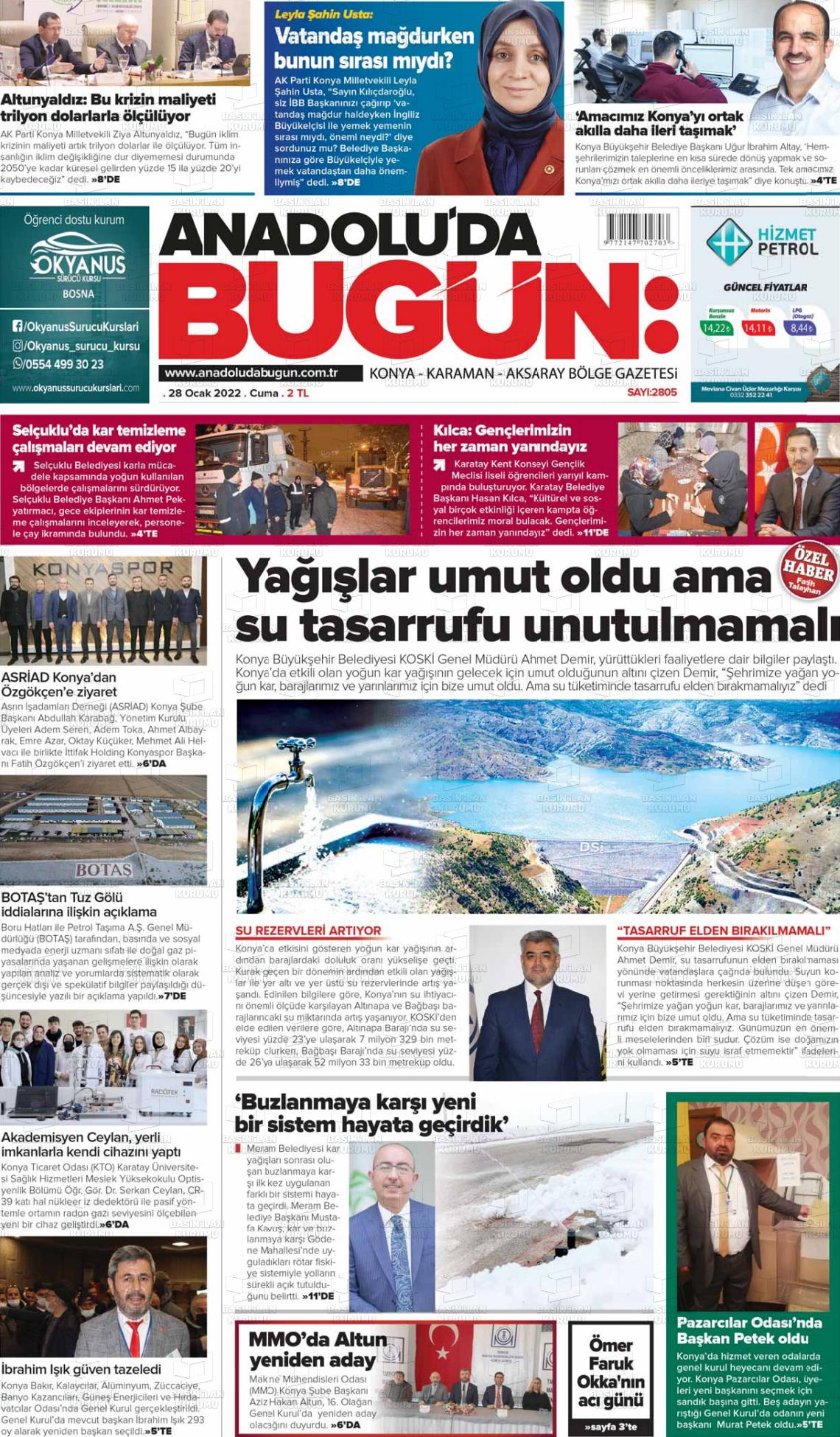 28 Ocak 2022 Anadolu'da Bugün Gazete Manşeti