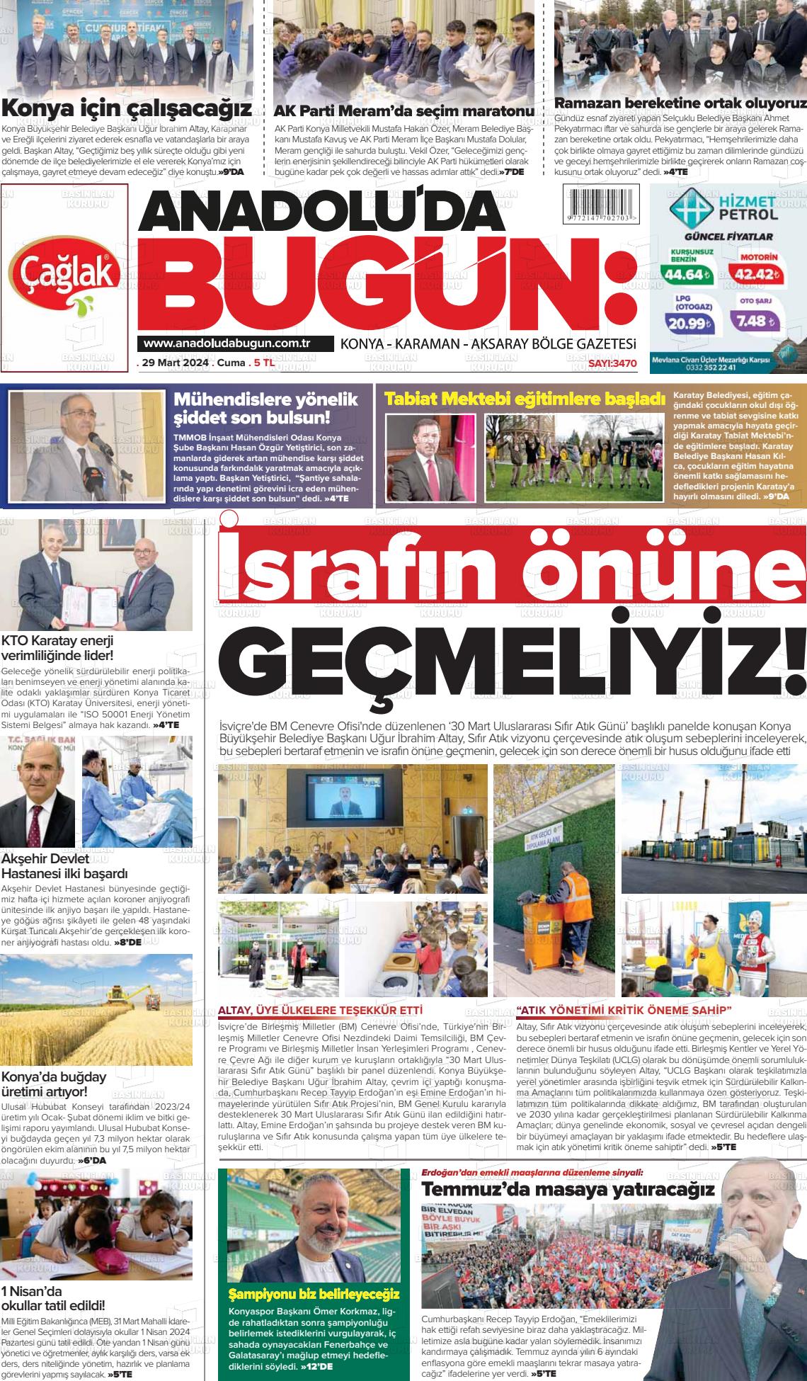 29 Mart 2024 Anadolu'da Bugün Gazete Manşeti