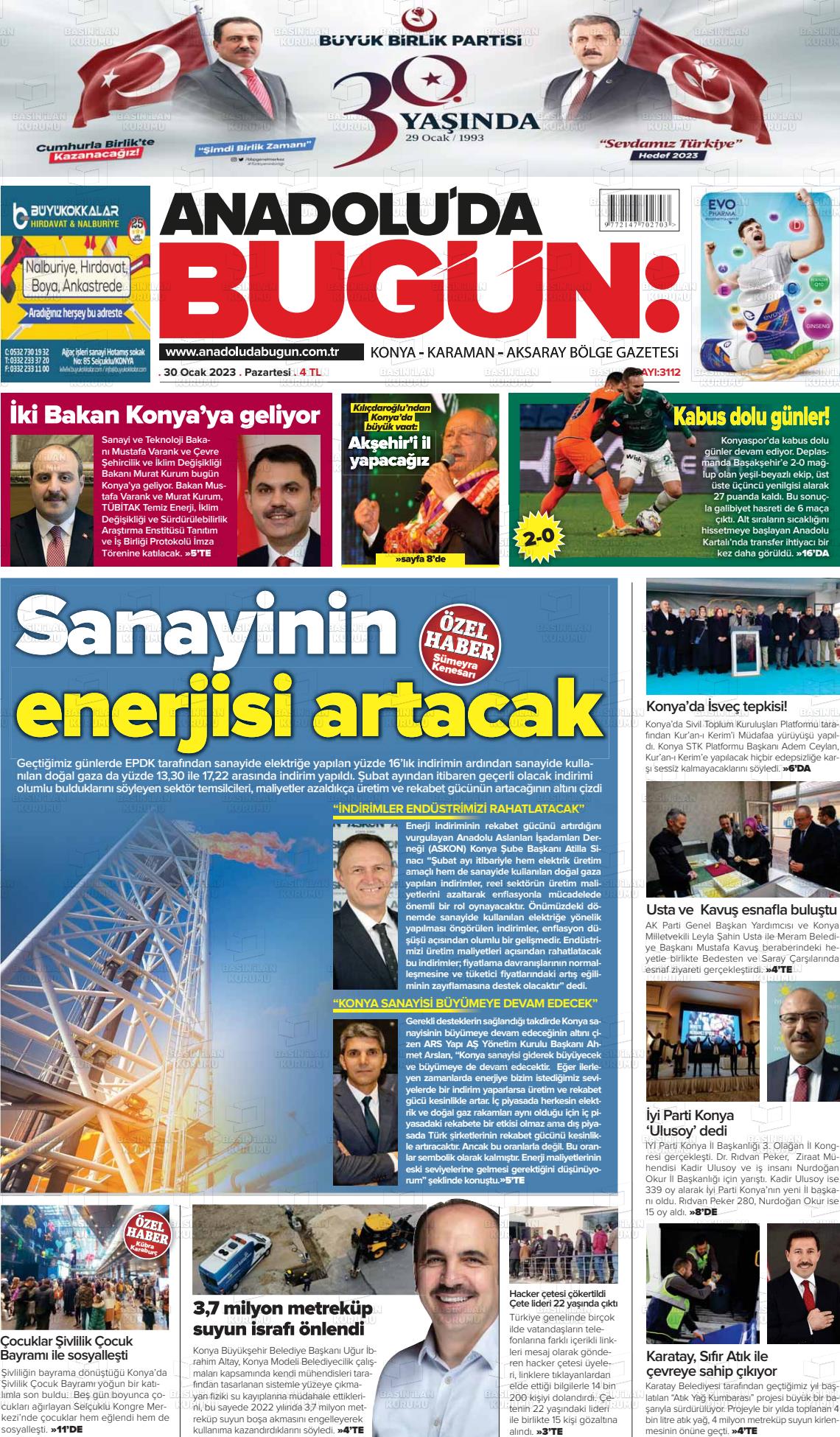 30 Mart 2023 Anadolu'da Bugün Gazete Manşeti